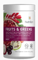 NutriDyn Fruits and Greens Berry bottle highlights organic superfoods for daily antioxidant support.