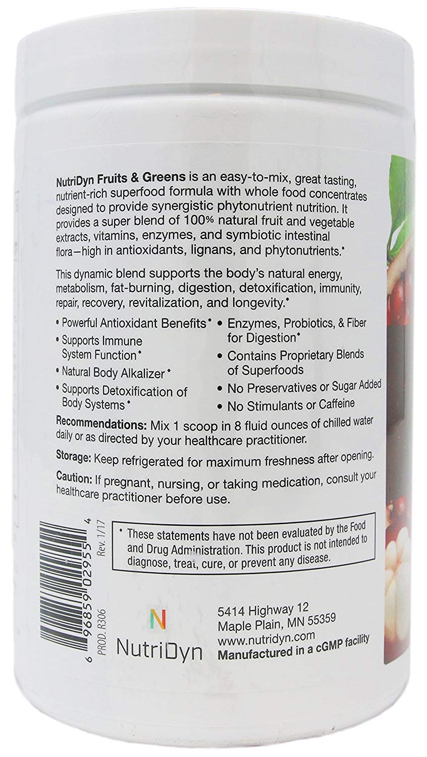 Nutri-Dyn Fruits and Greens glass serve with vibrant color in beverage.