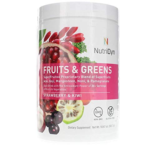 Nutri-Dyn Fruits and Greens bottle label showcasing the organic blend for daily nutrition.