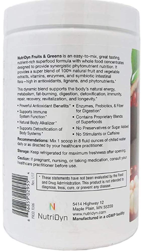 NutriDyn powder scoop image emphasizes green superfoods like spirulina and kelp for vitality.