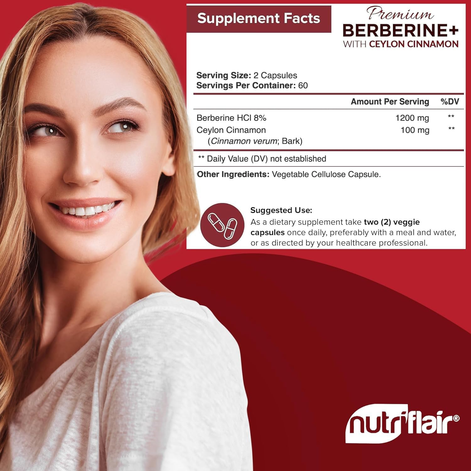 Closeup of Berberine HCL capsules with cinnamon for daily supplementation