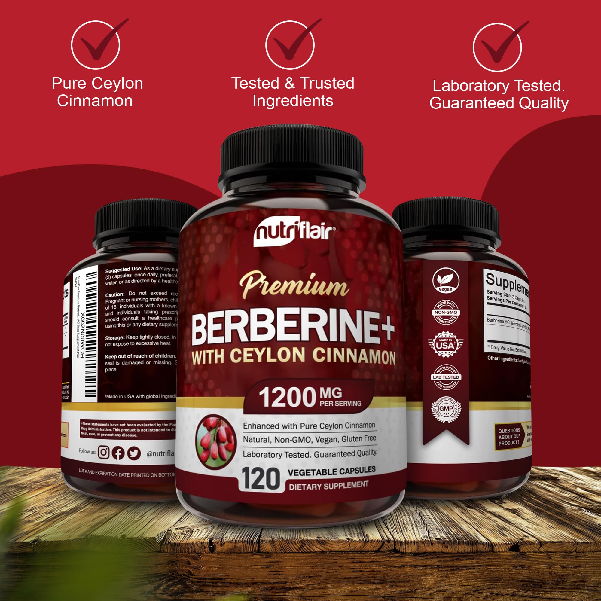 Ingredients panel showing Berberine 1200 mg and cinnamon 100 mg