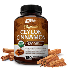 NutriFlair Organic Ceylon Cinnamon bottle with label, 180 capsules for daily use.