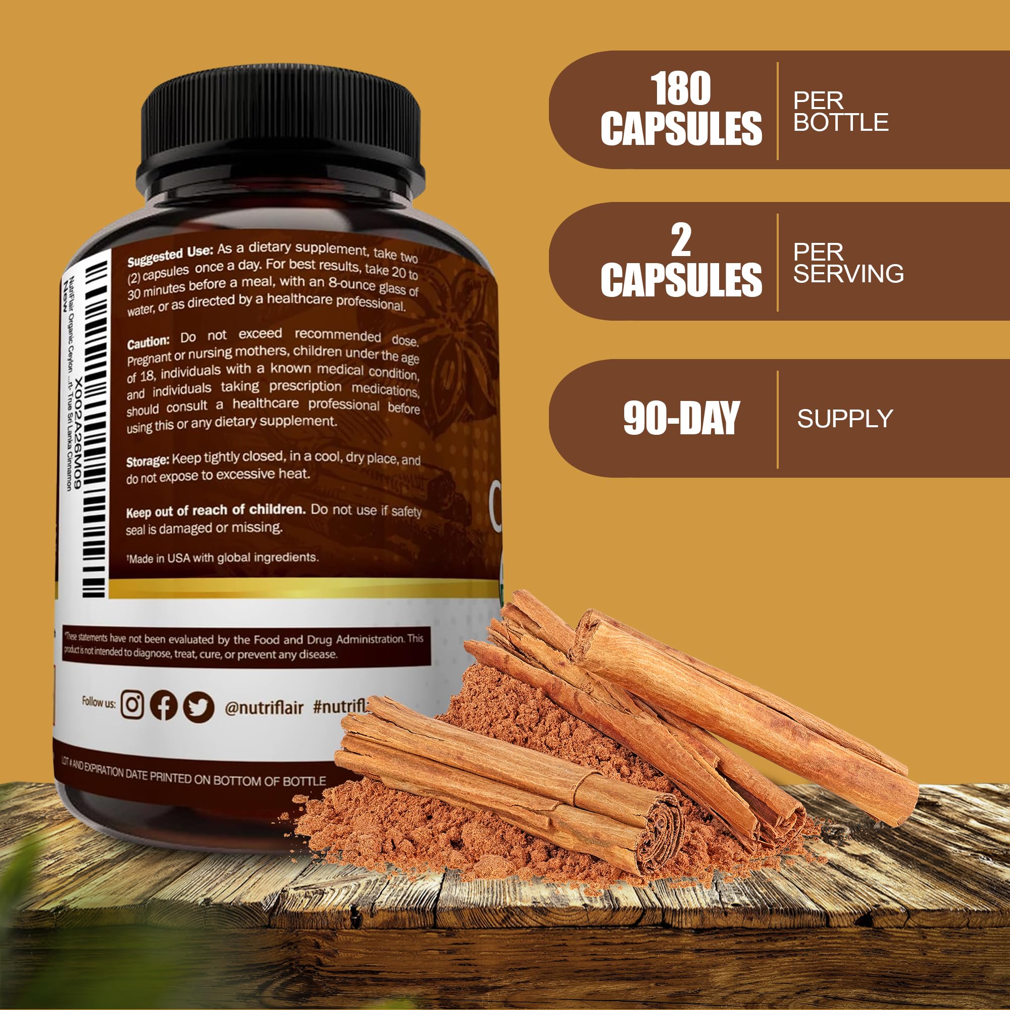 NutriFlair Ceylon Cinnamon capsules close-up, showcasing pure organic cinnamon per serving for daily wellness.