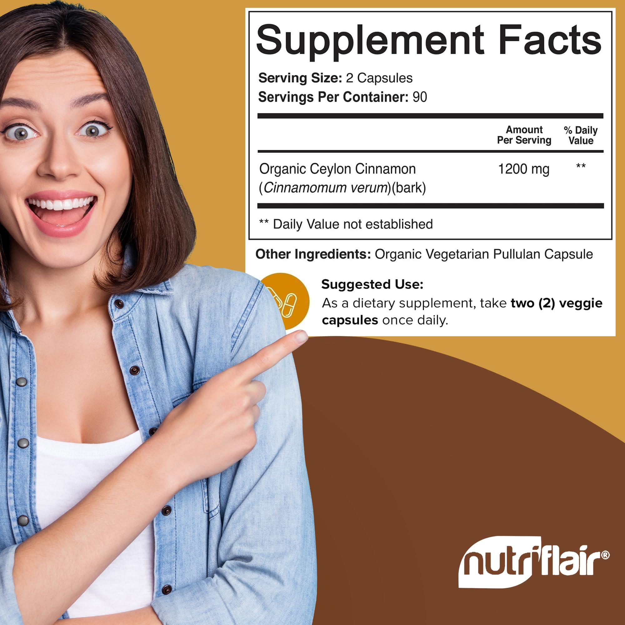 NutriFlair Cinnamon capsules poured into hand, suggesting easy daily intake.