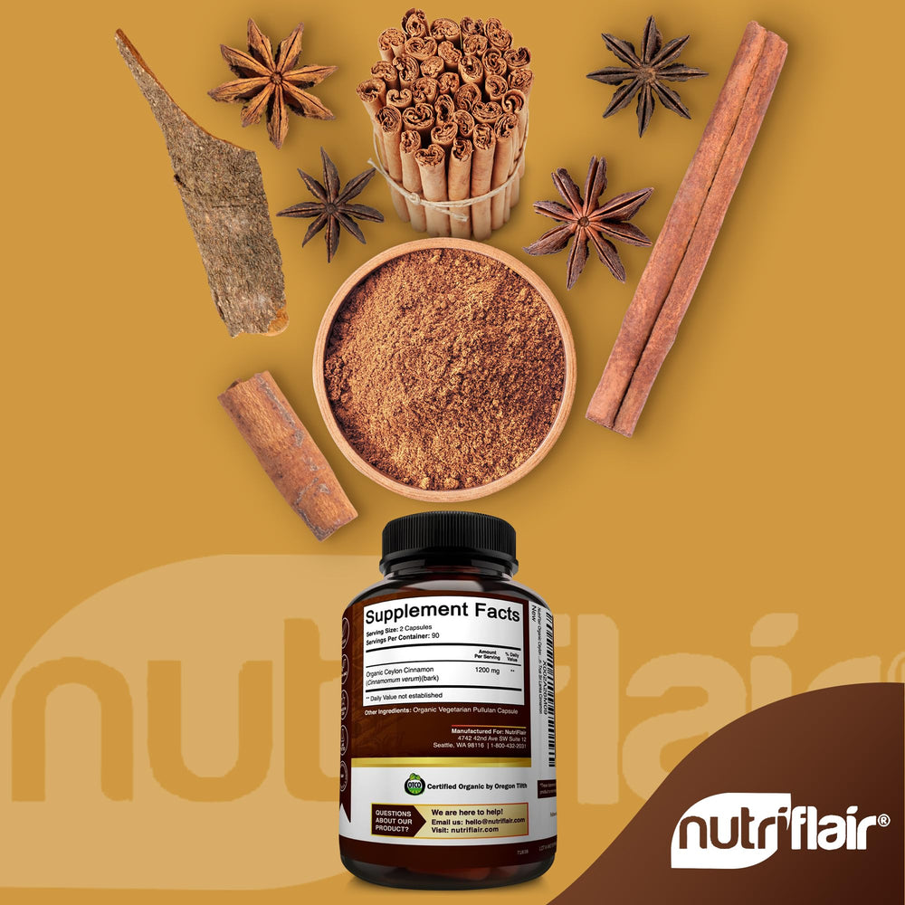NutriFlair Organic Cinnamon label highlighting USDA Organic certification for transparency.