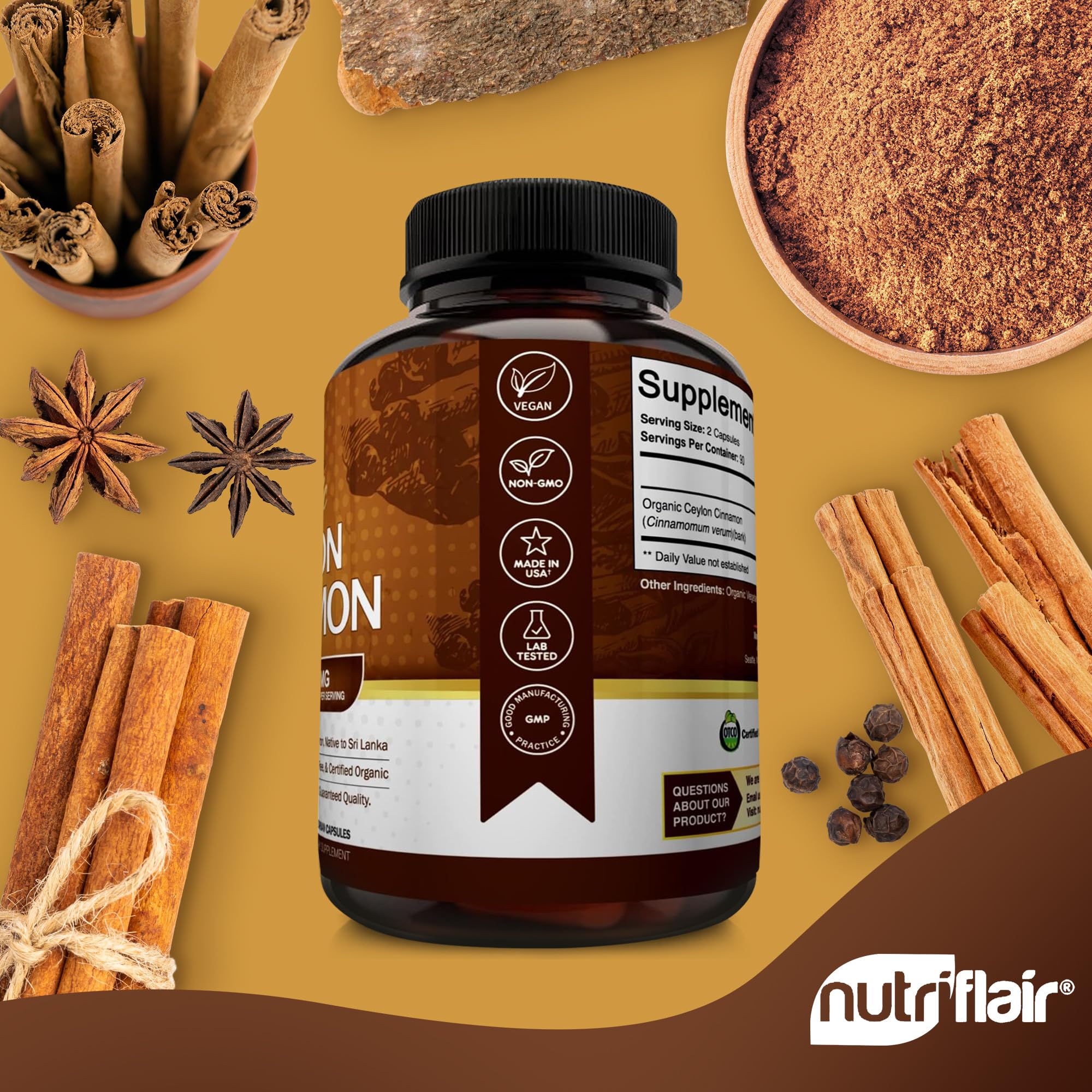 NutriFlair Cinnamon packaging with Sri Lanka origin context, emphasizing true cinnamon.