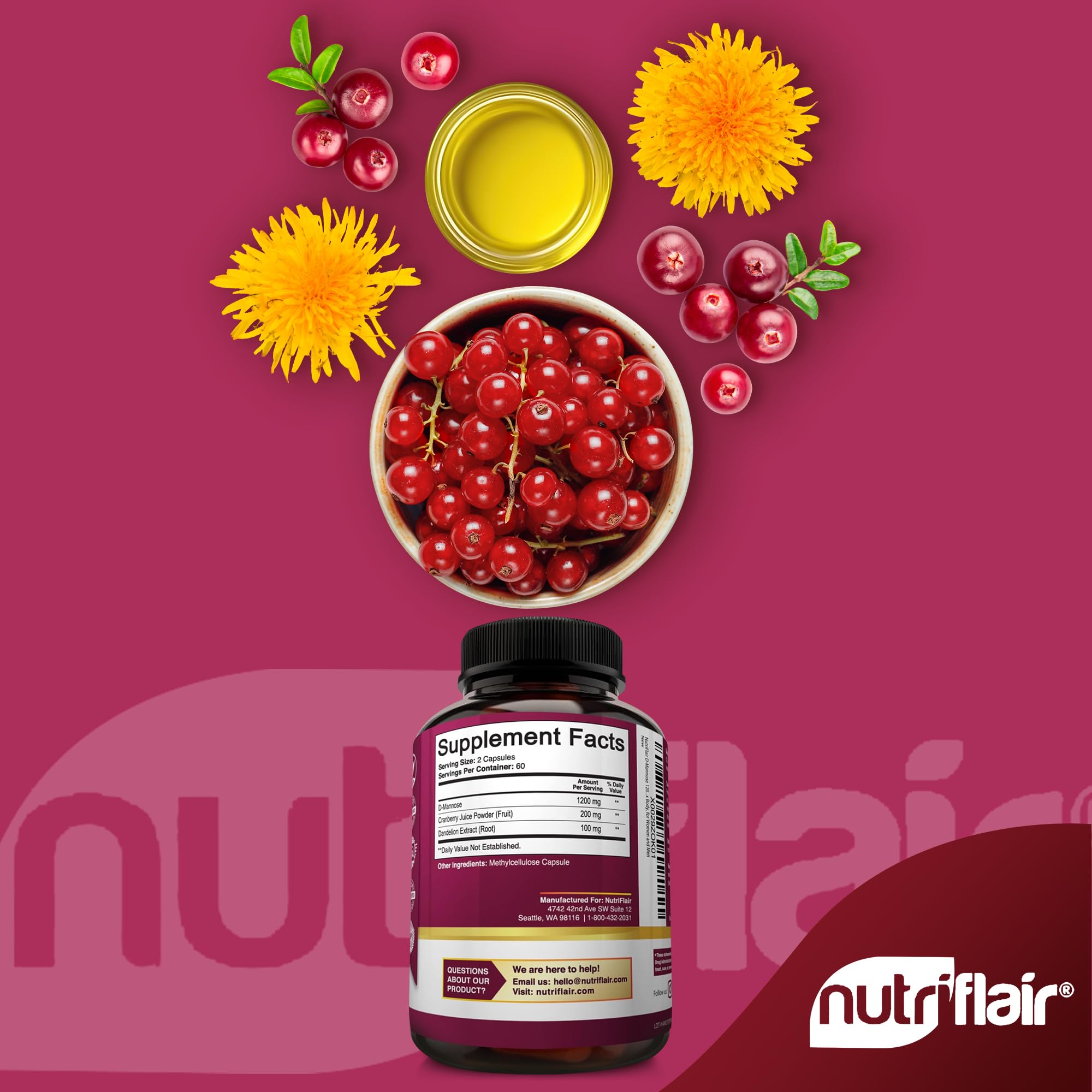 NutriFlair D-Mannose with Cranberry and Dandelion extracts on label.