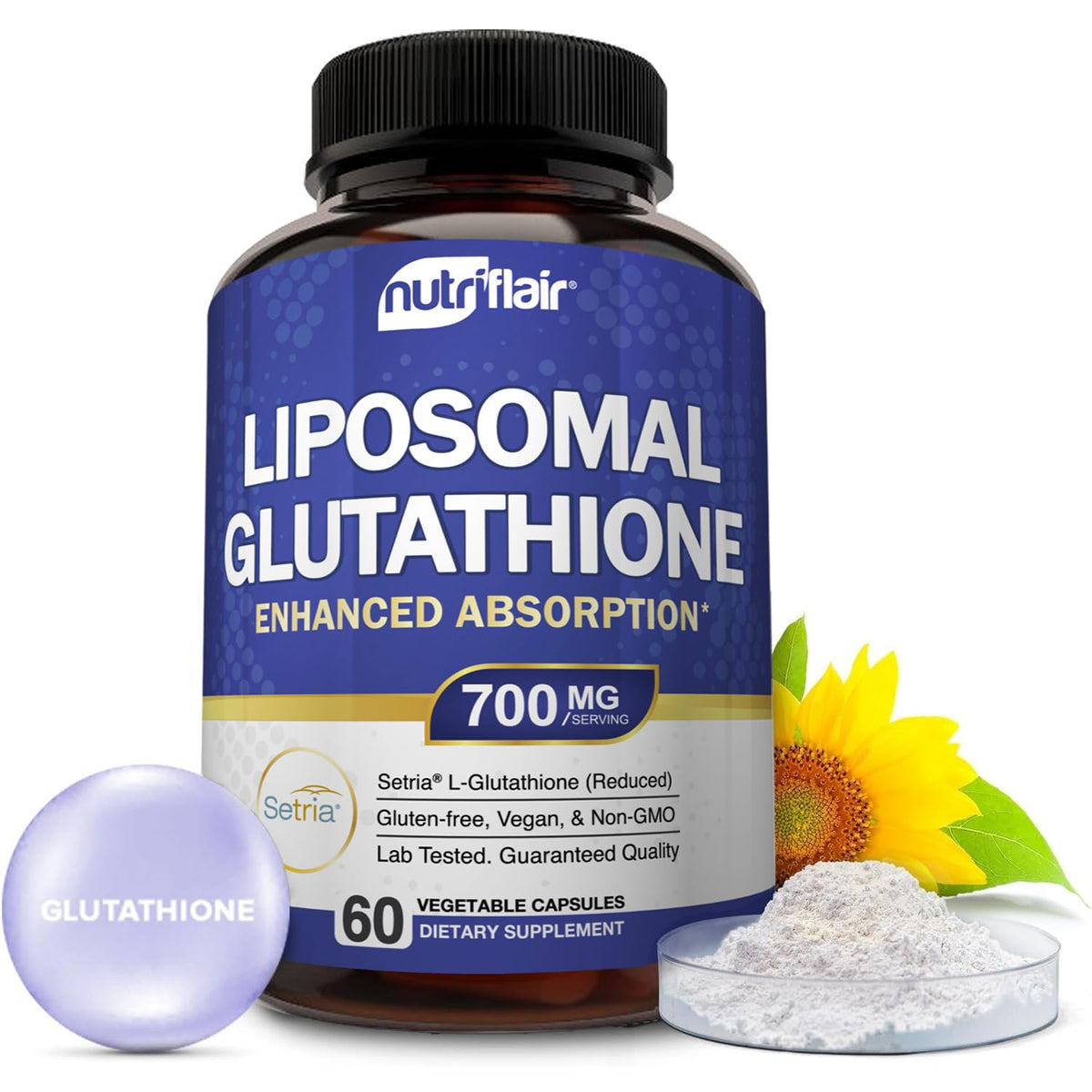 NutriFlair liposomal-glutathione-700mg capsules for enhanced absorption daily.