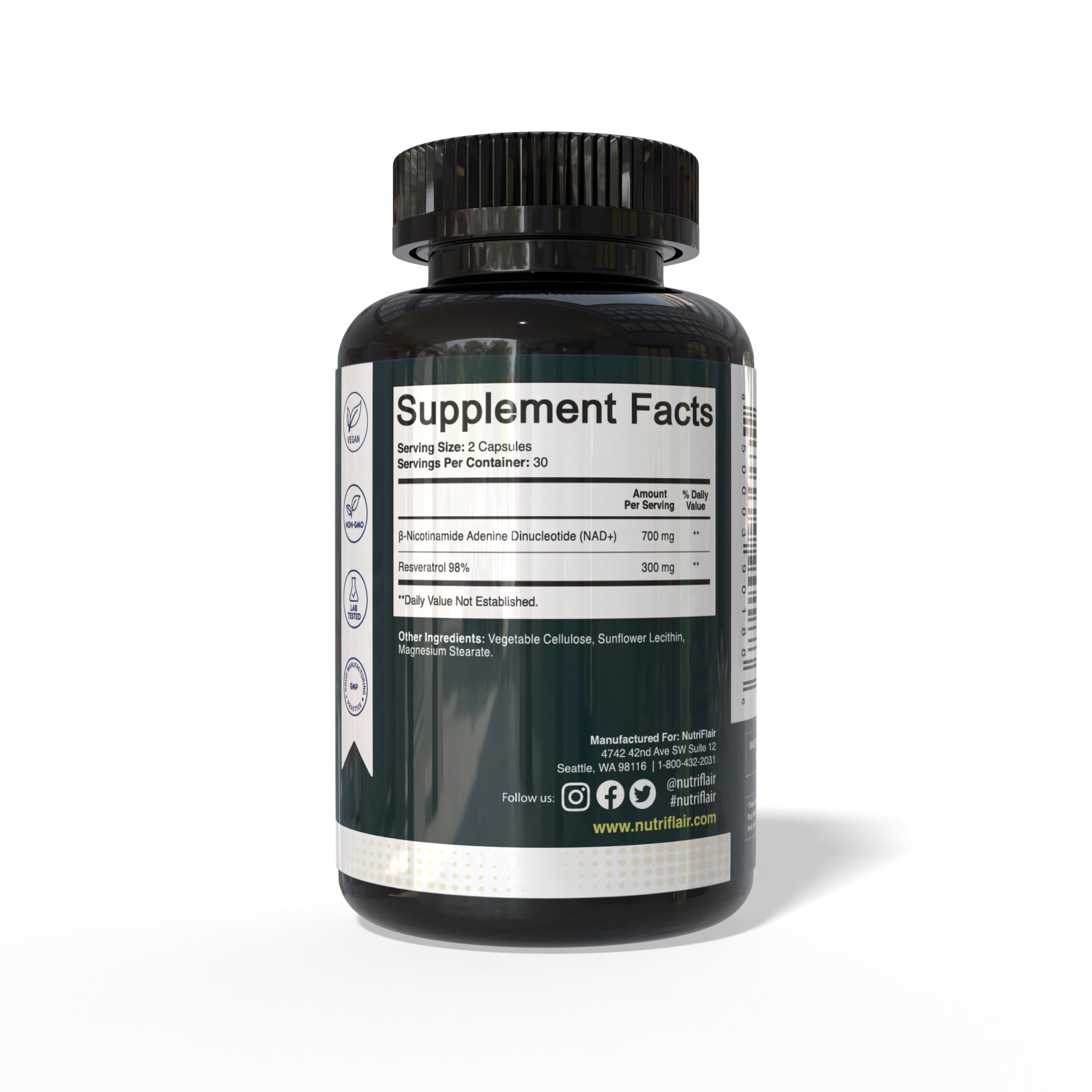 NutriFlair NAD+ capsules showing two-capsule daily use