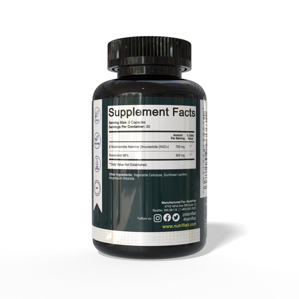 NutriFlair NAD+ capsules showing two-capsule daily use