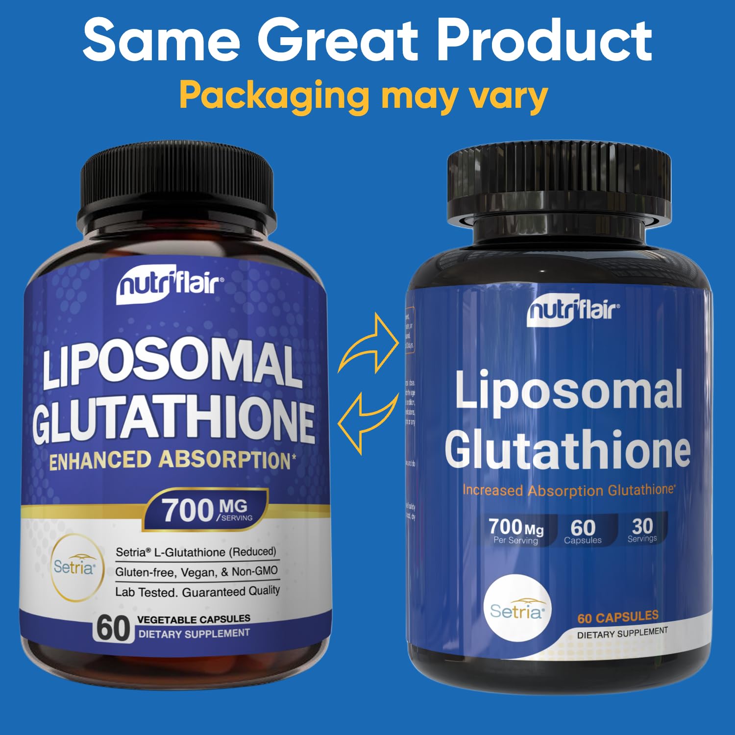 NutriFlair Setria reduced glutathione bottle signals premium quality.
