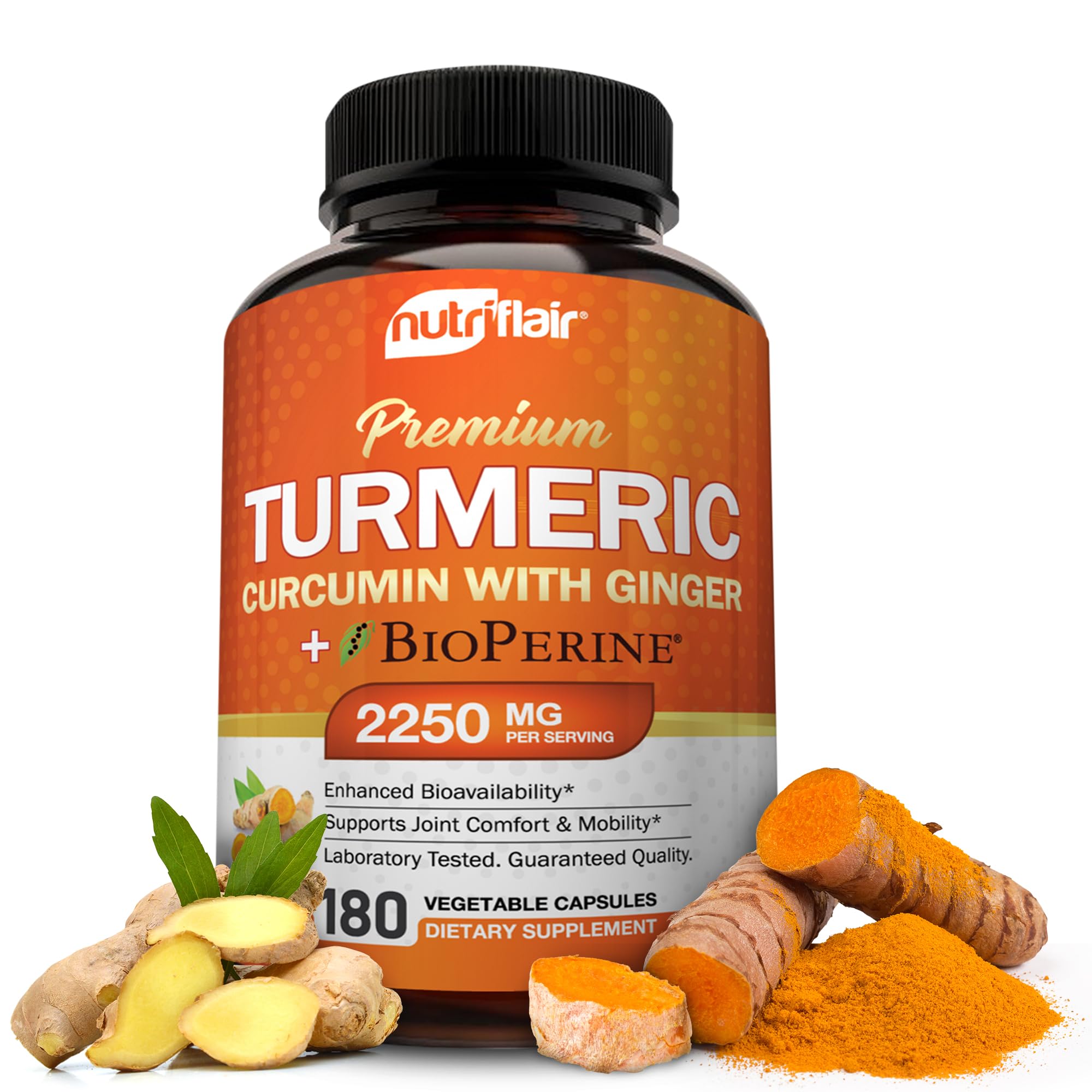 NutriFlair Turmeric Curcumin bottle supports joint comfort and antioxidant wellness.