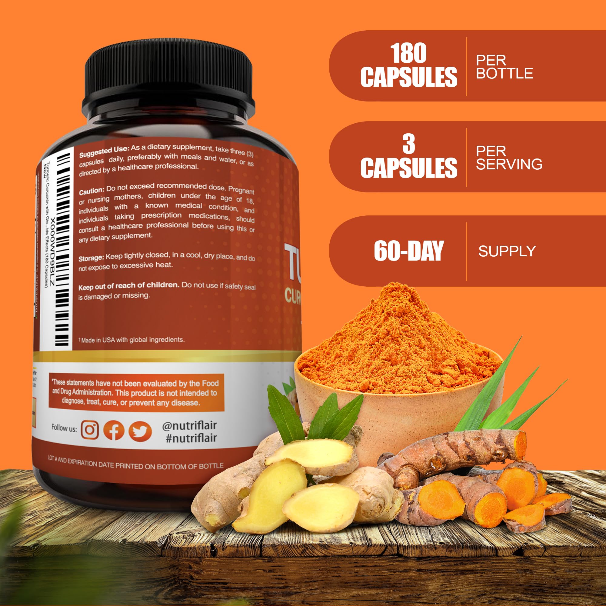 NutriFlair Turmeric Curcumin capsules highlight BioPerine for enhanced absorption.