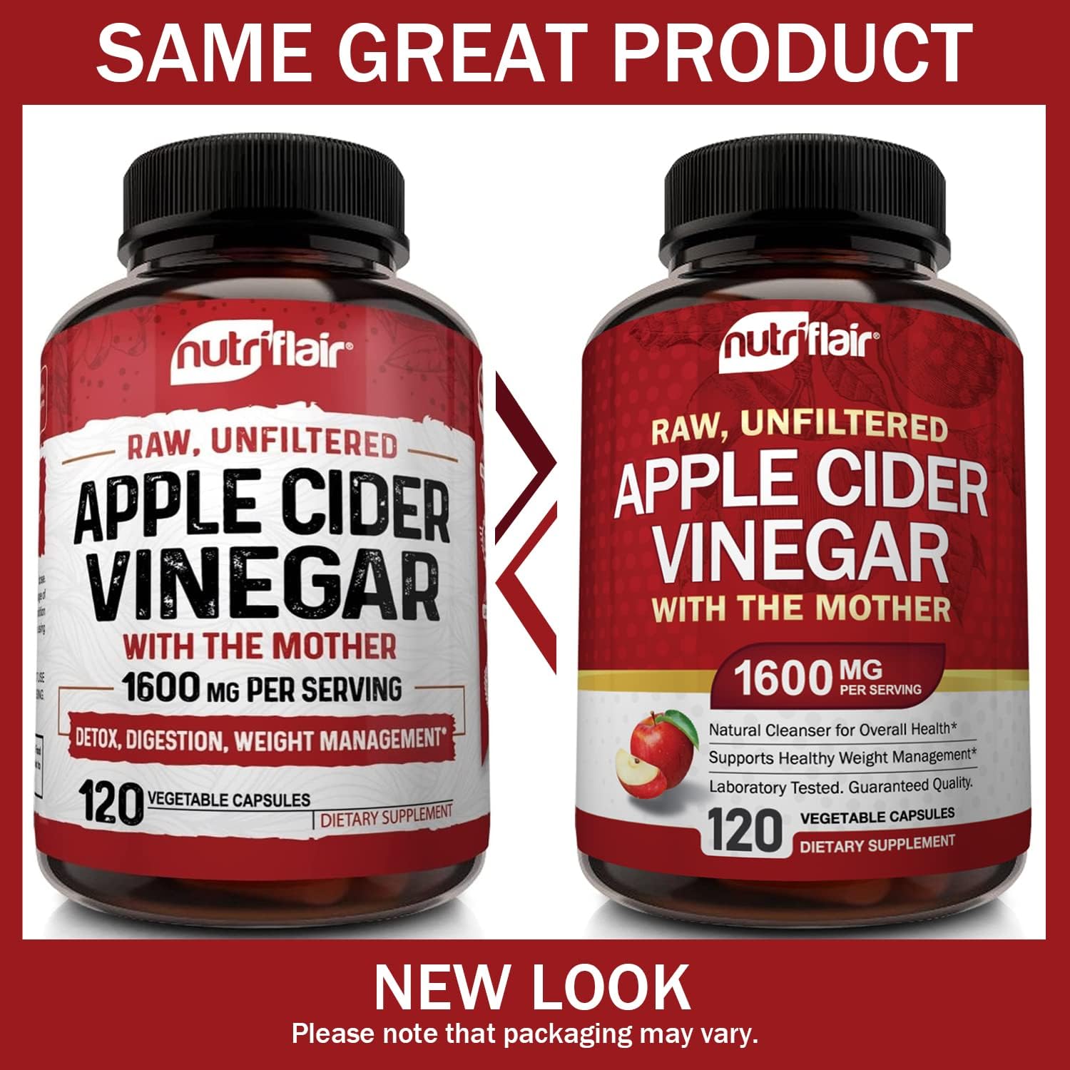 NutriFlair Apple Cider Vinegar capsules label closeup emphasizing The Mother.