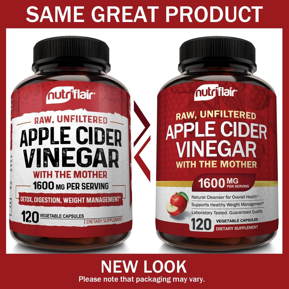 NutriFlair Apple Cider Vinegar capsules label closeup emphasizing The Mother.