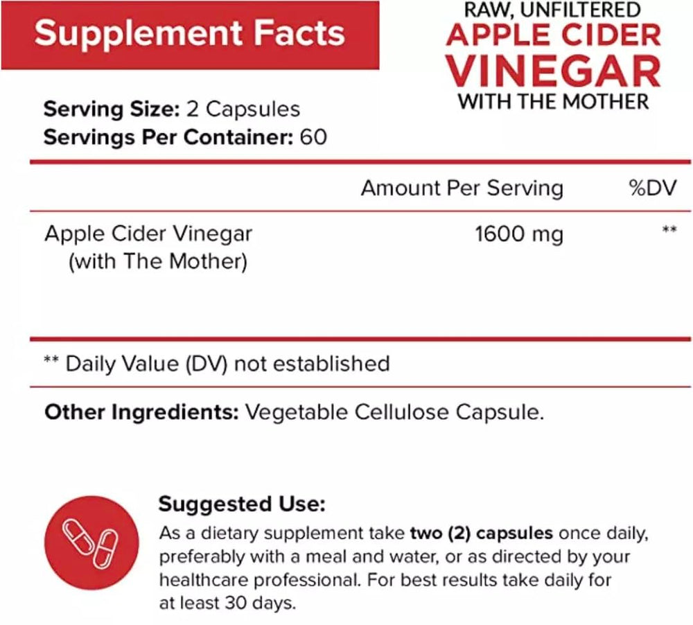 NutriFlair ACV capsules pour shows dosage for daily use and energy support.