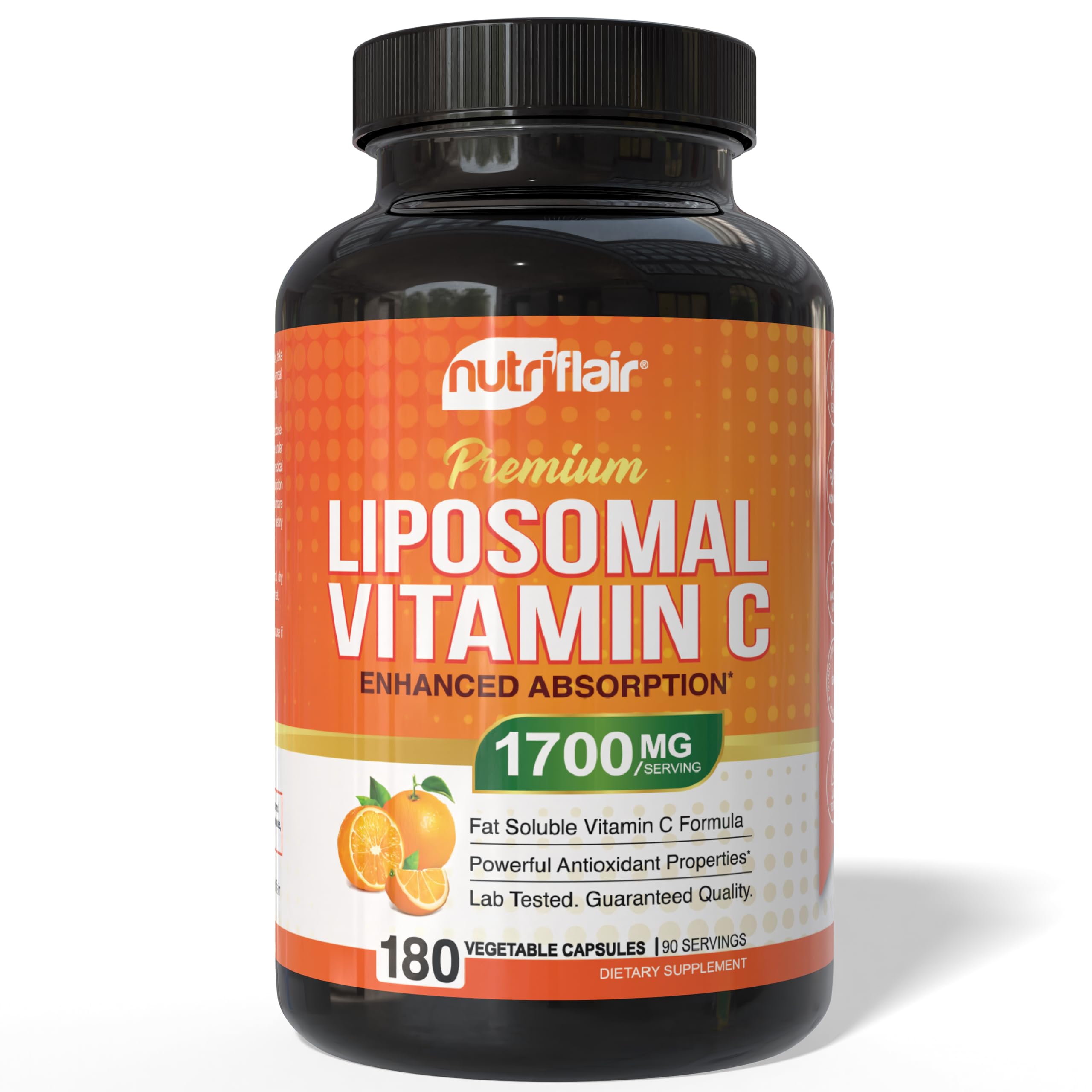 NutriFlair Liposomal Vitamin C 1700mg bottle emphasizes vegan wellness.