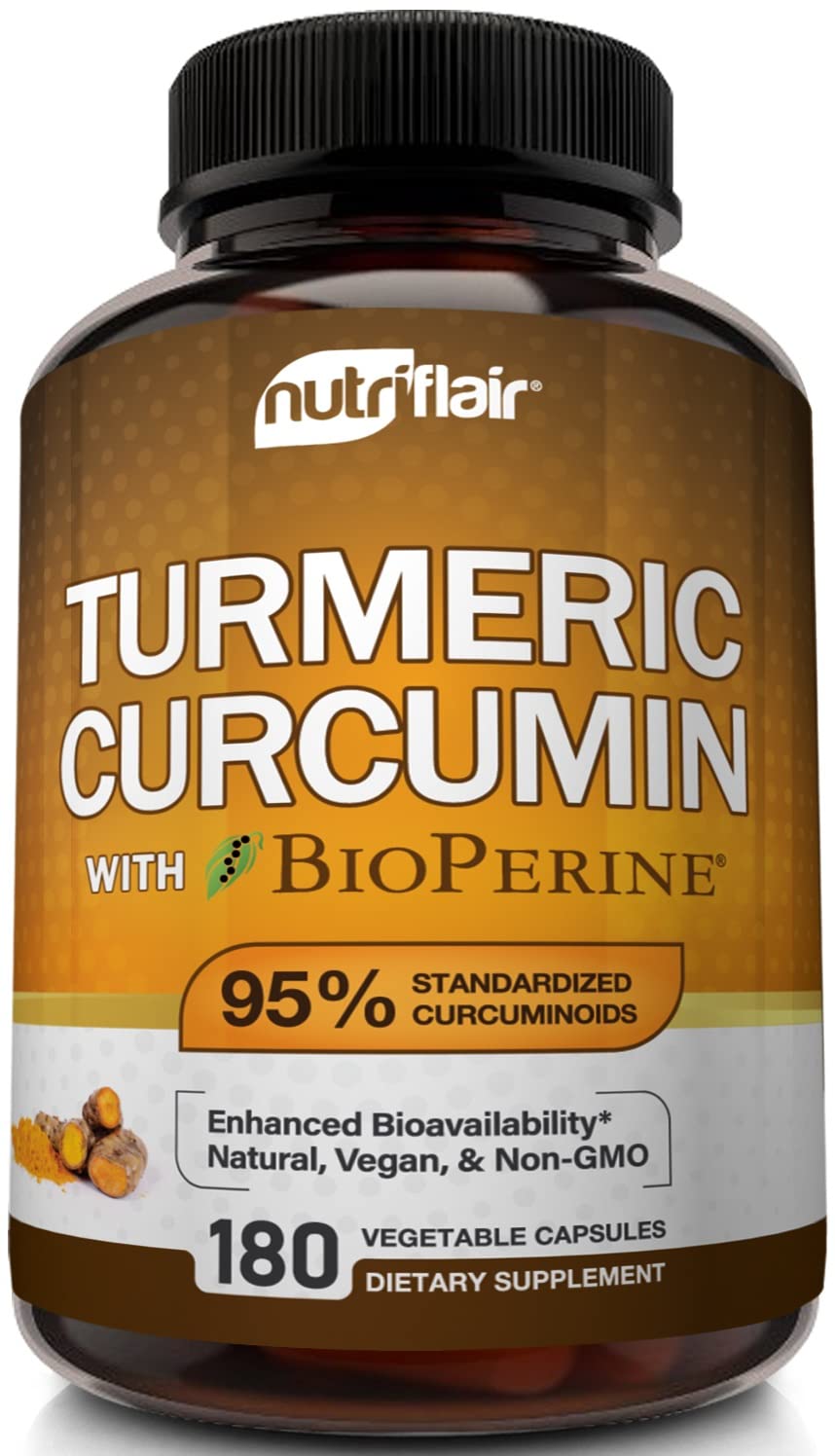 NutriFlair Turmeric Curcumin bottle front shows daily wellness convenience