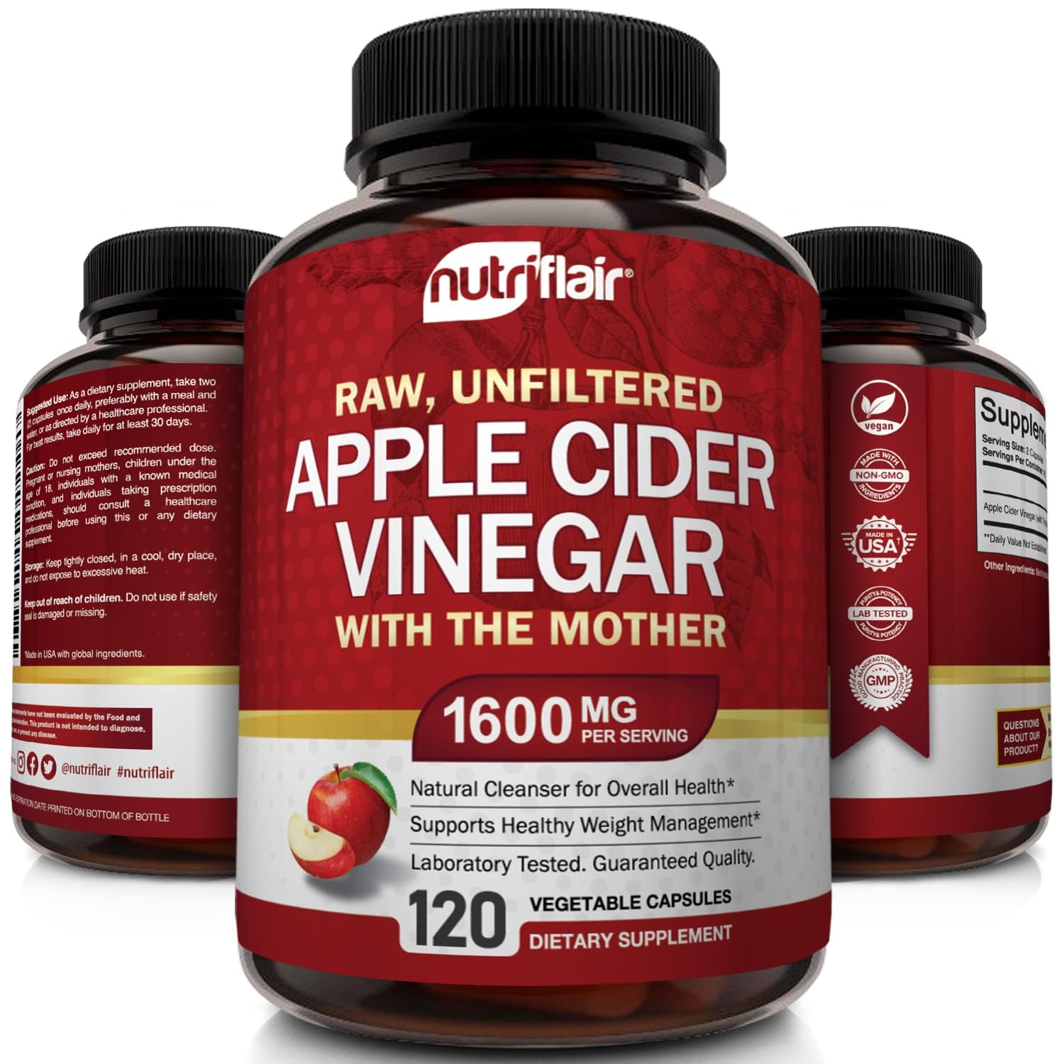 NutriFlair vegan ACV capsules closeup with plant-based formula.