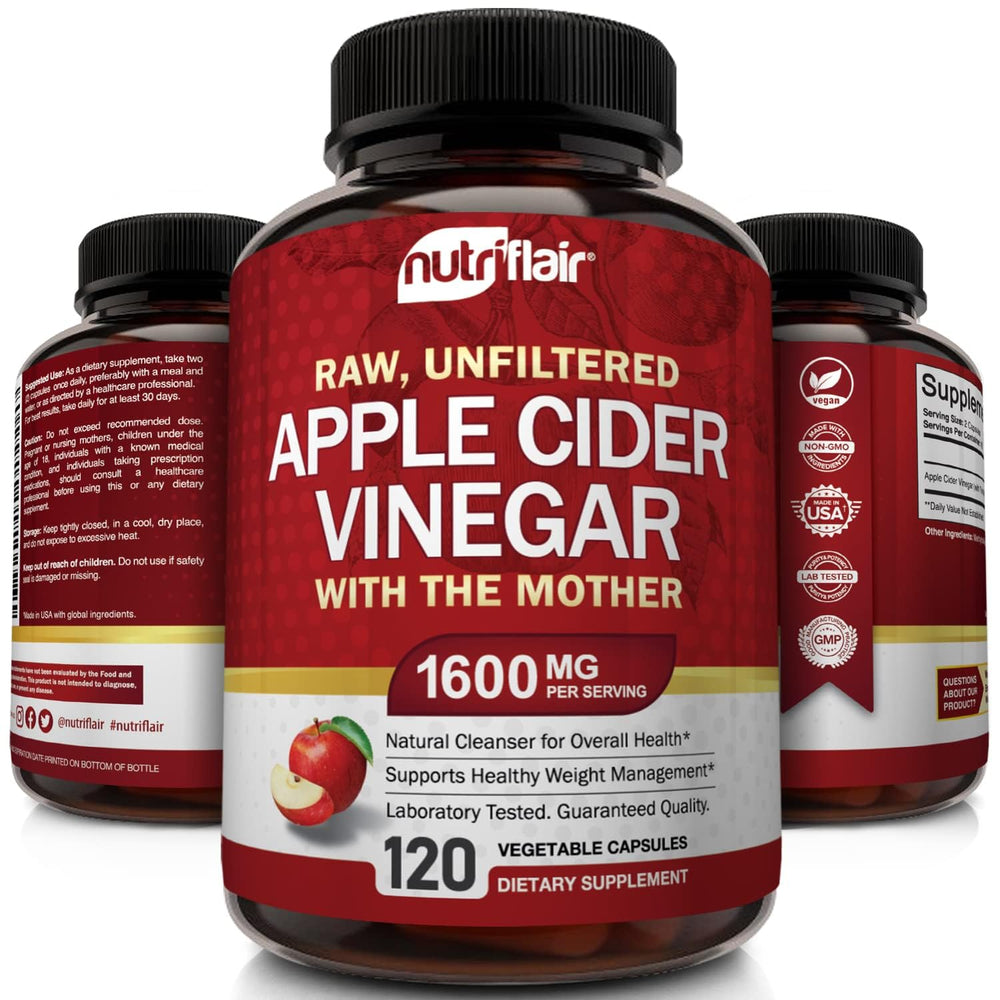NutriFlair vegan ACV capsules closeup with plant-based formula.