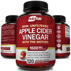 NutriFlair vegan ACV capsules closeup with plant-based formula.