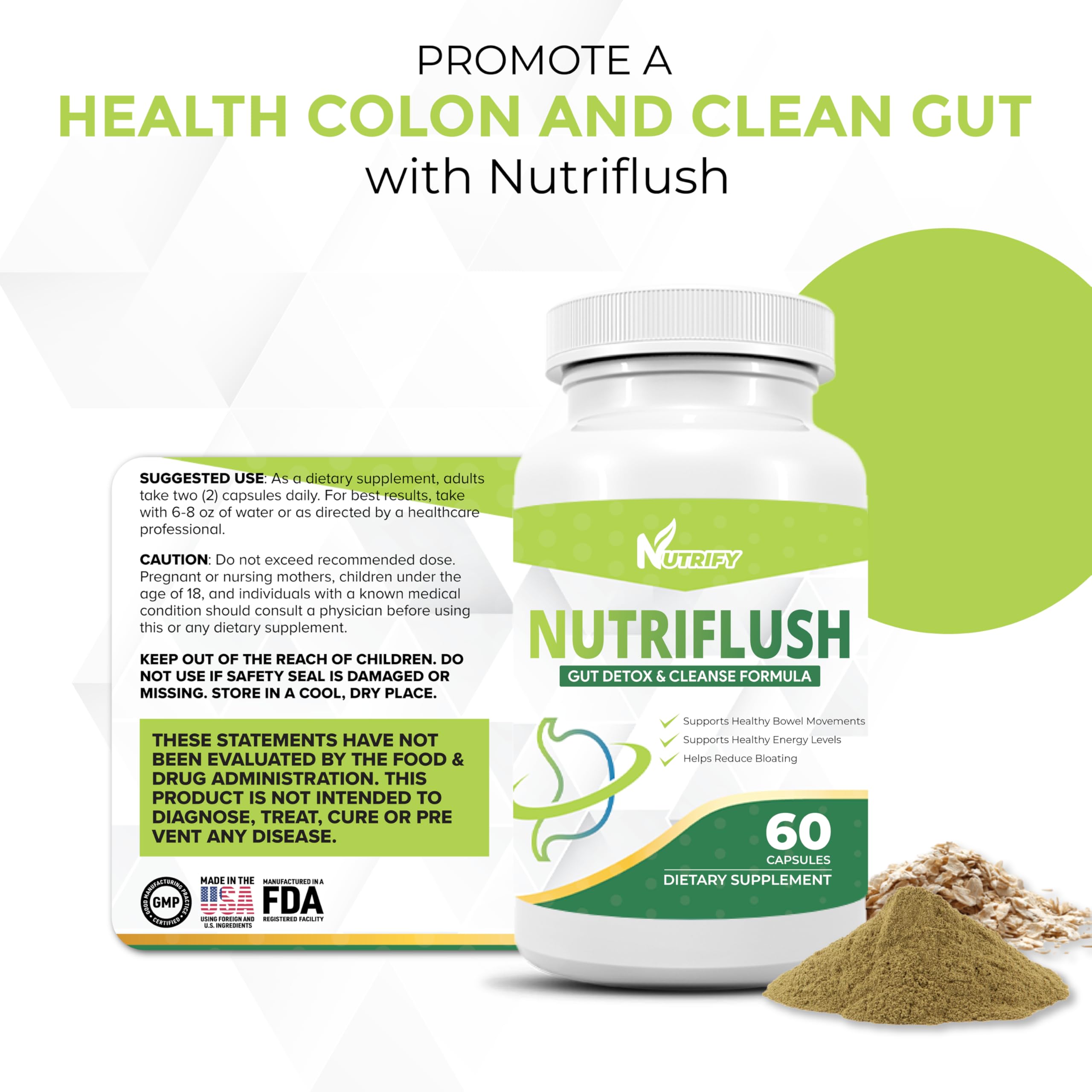 NutriFlush bottle pour demonstrating simple daily dose for digestive balance