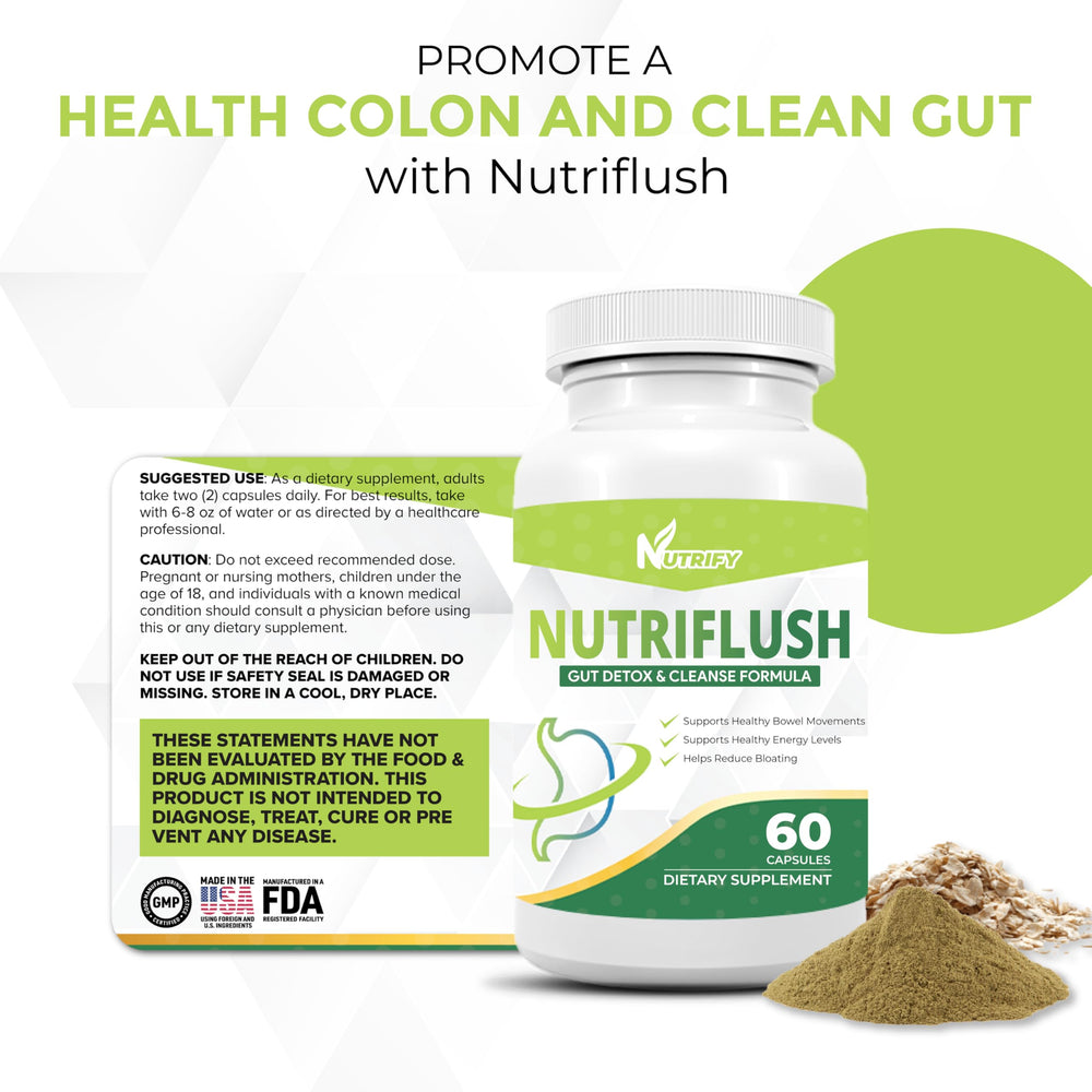 NutriFlush bottle pour demonstrating simple daily dose for digestive balance