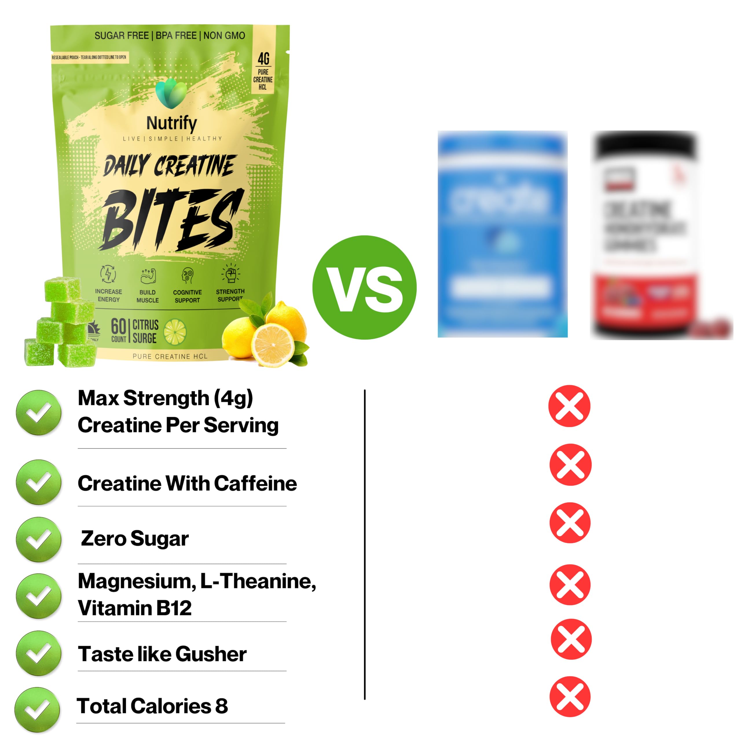 Nutrify Daily Creatine Gummies bottle on table beside workout gear for on-the-go use
