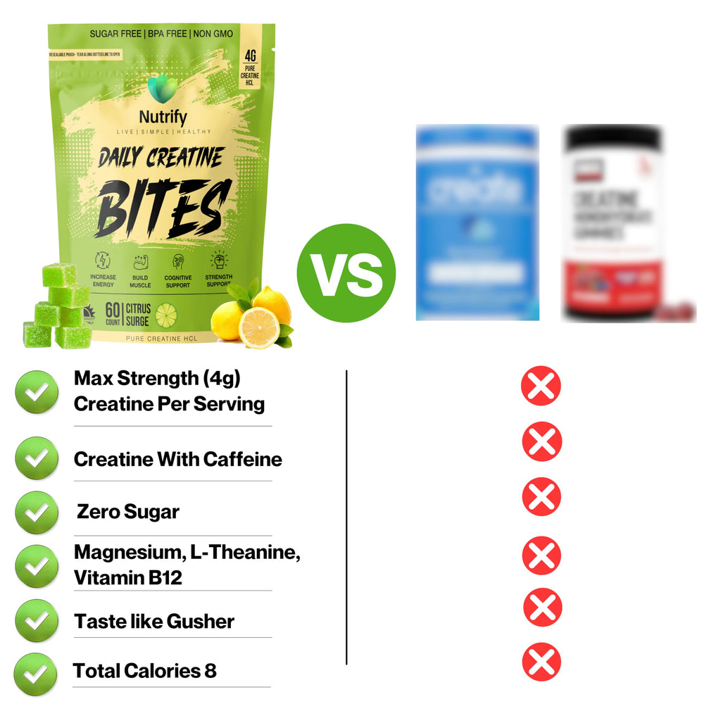 Nutrify Daily Creatine Gummies bottle on table beside workout gear for on-the-go use