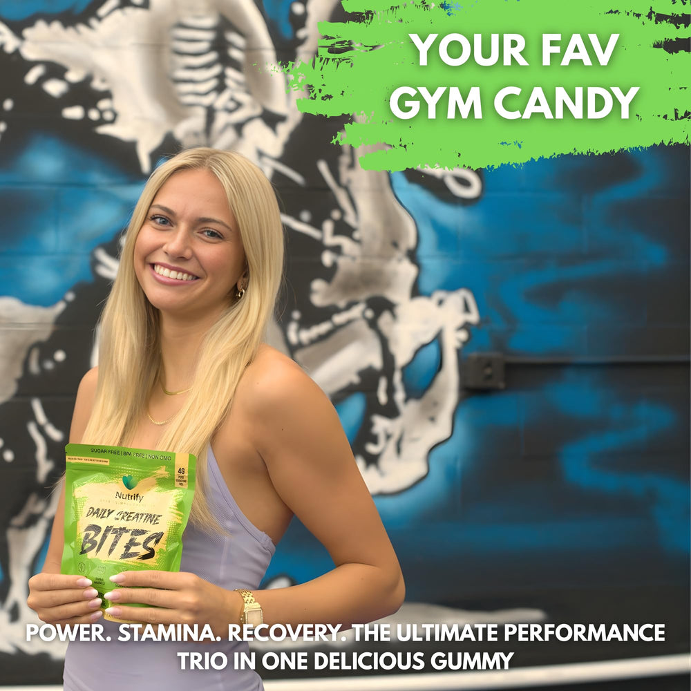 Nutrify Daily Creatine Gummies citrus surge flavor label, enjoyable taste during workouts