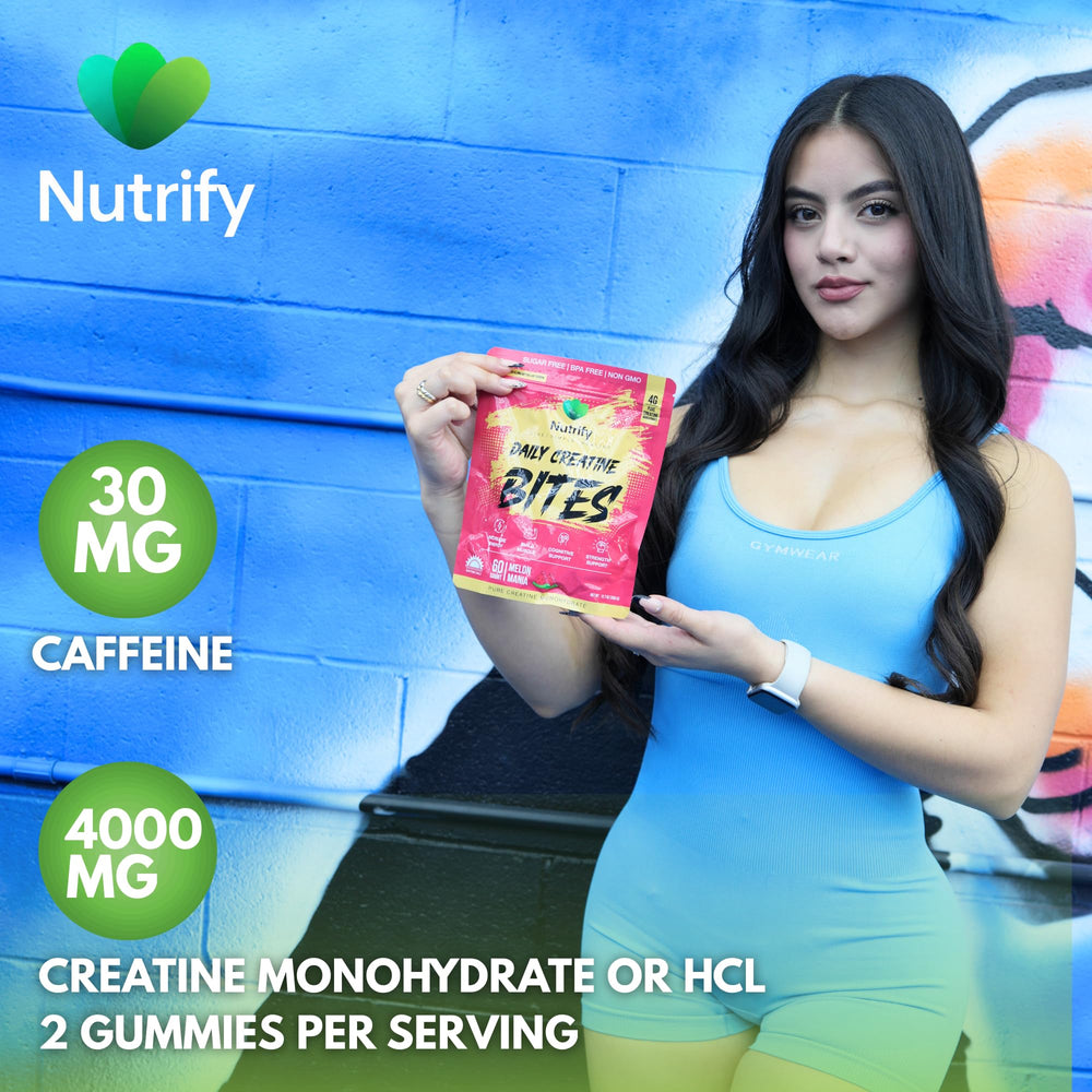 Nutrify Melon Mania gummies on a kitchen counter after a workout.