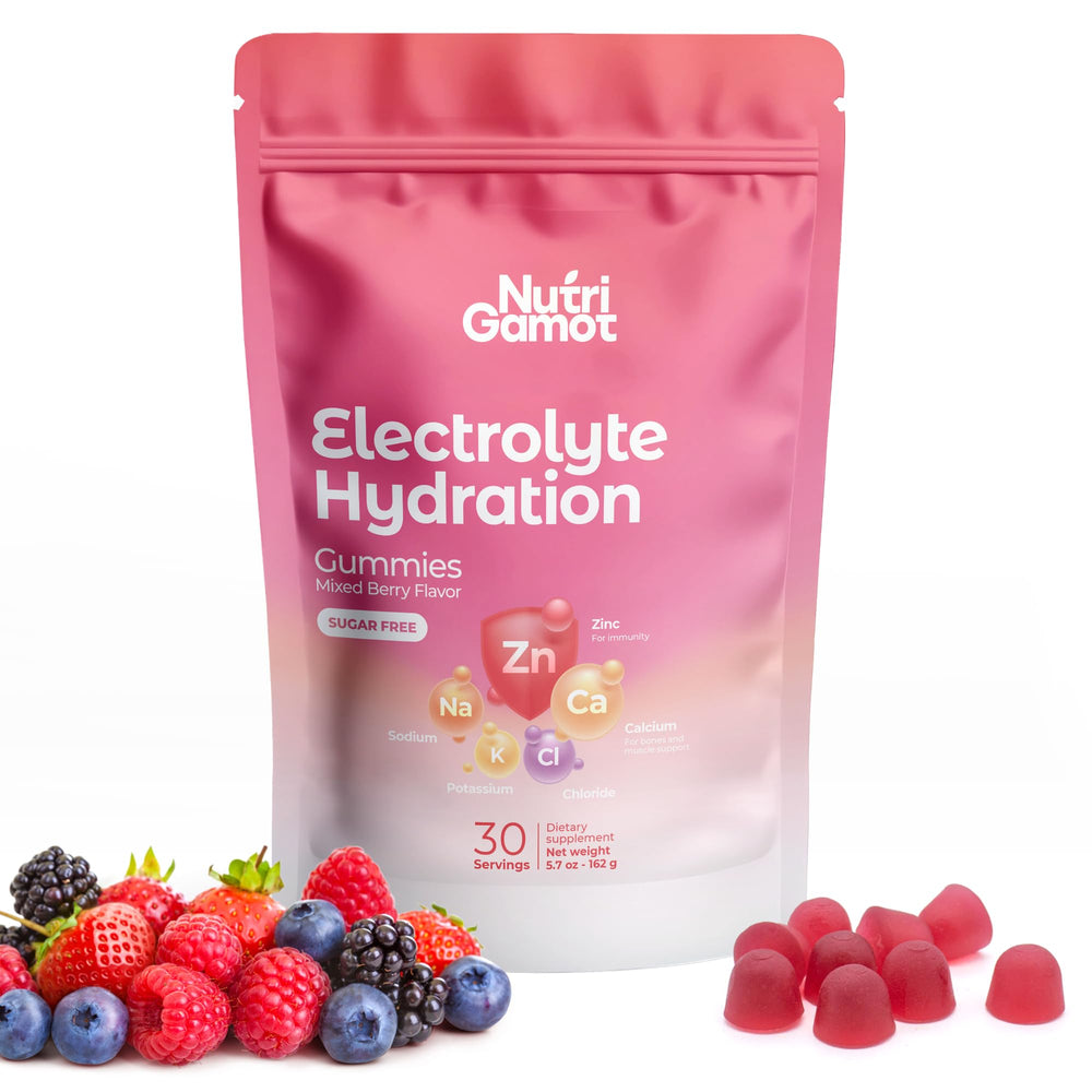 NutriGamot mixed berry hydration gummies pack for quick post-workout hydration.
