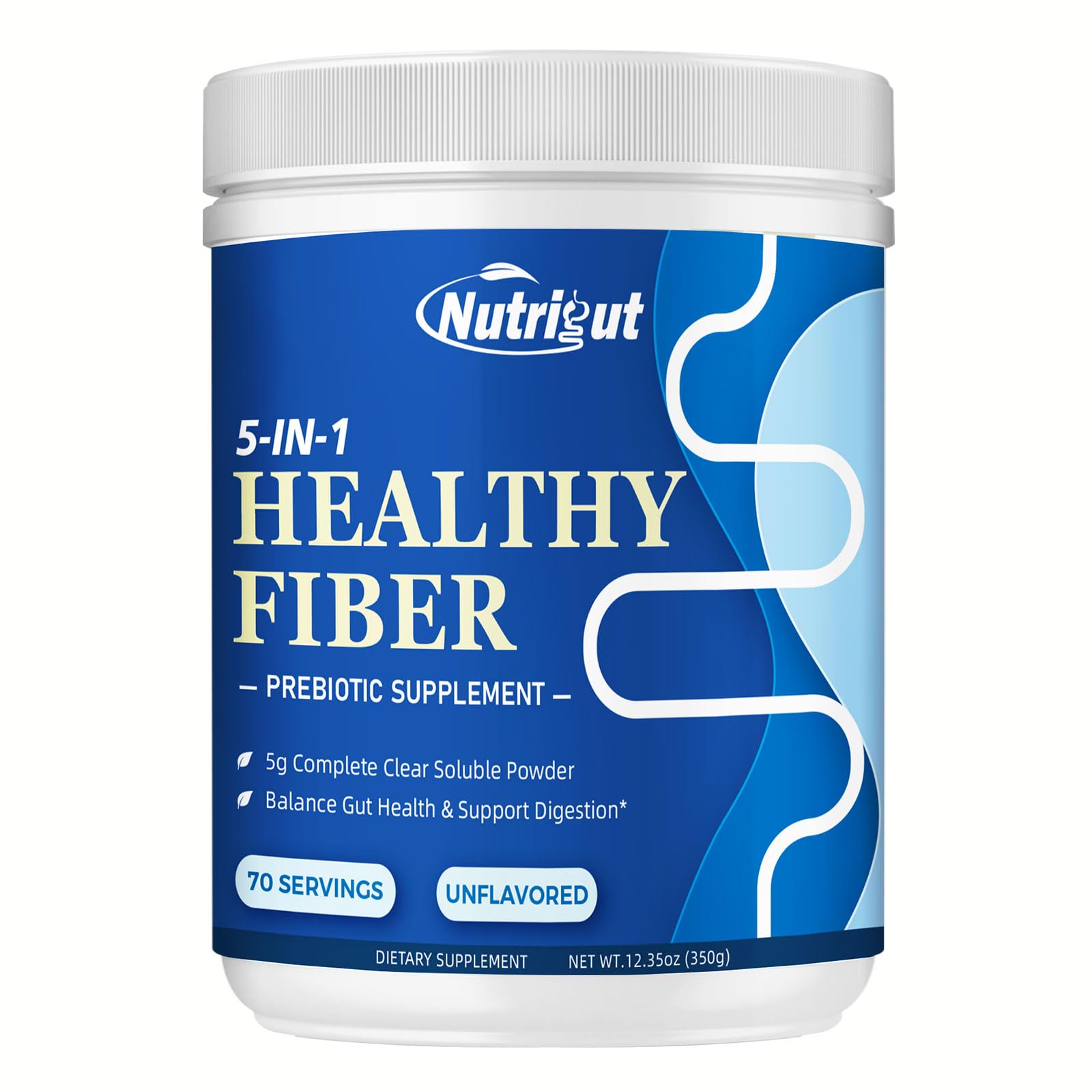 NutriGut Fiber bottle front shows product packaging for daily prebiotic support.