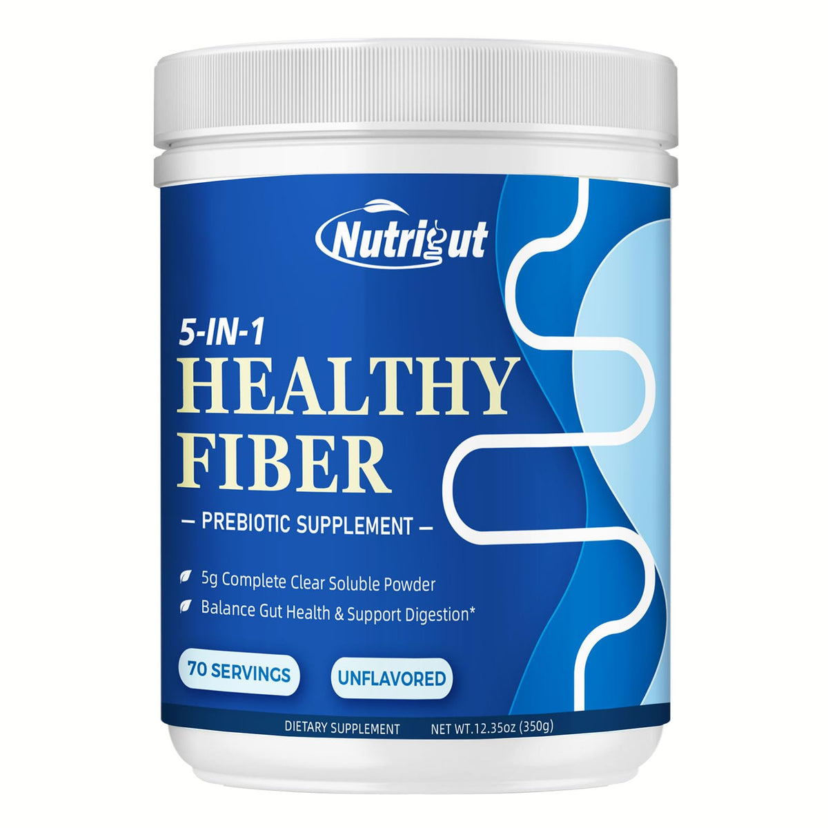 NutriGut Fiber bottle front shows product packaging for daily prebiotic support.