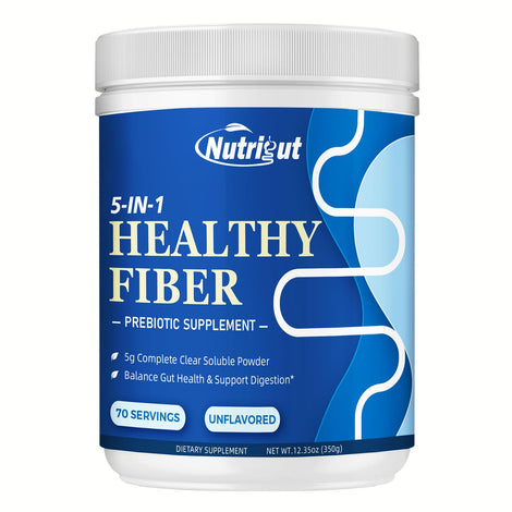 NutriGut Fiber bottle front shows product packaging for daily prebiotic support.