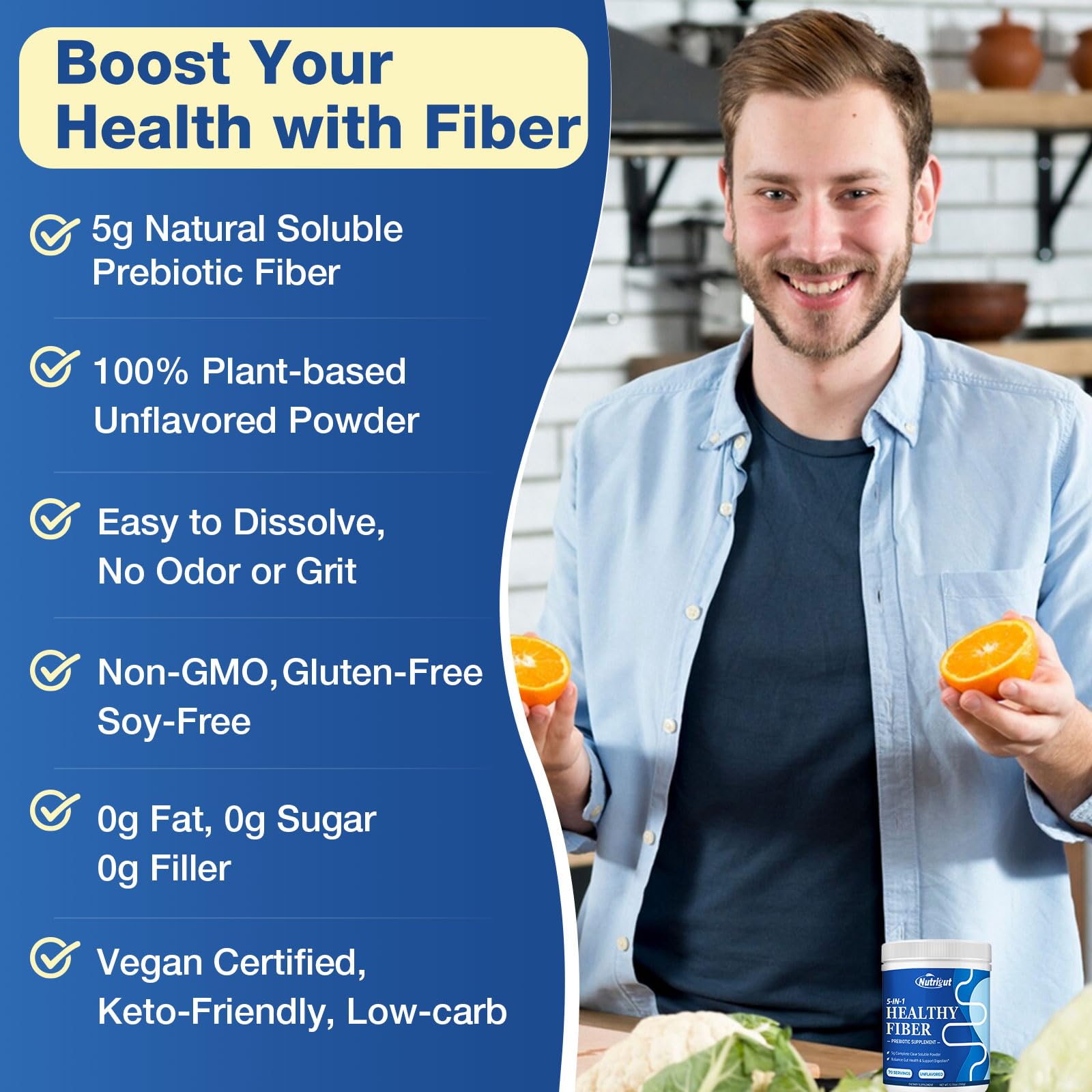 NutriGut Fiber gluten-free, sugar-free, vegan formula suited for various diets.