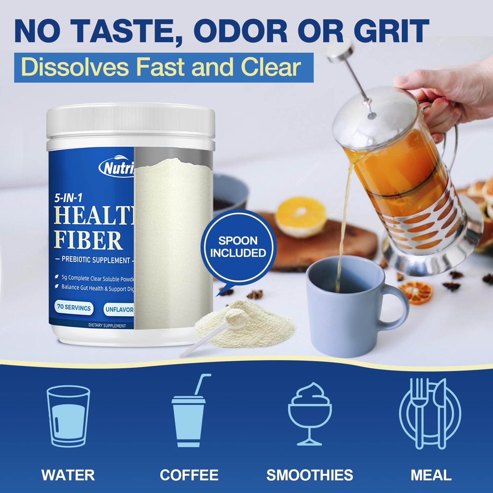 NutriGut Fiber powder dissolves clear in beverages with no grit.