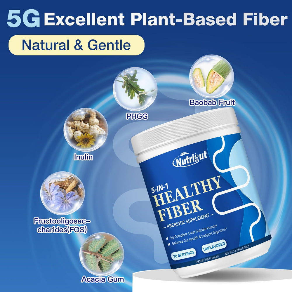 NutriGut Fiber scoop highlights convenient serving for 5g soluble fiber.