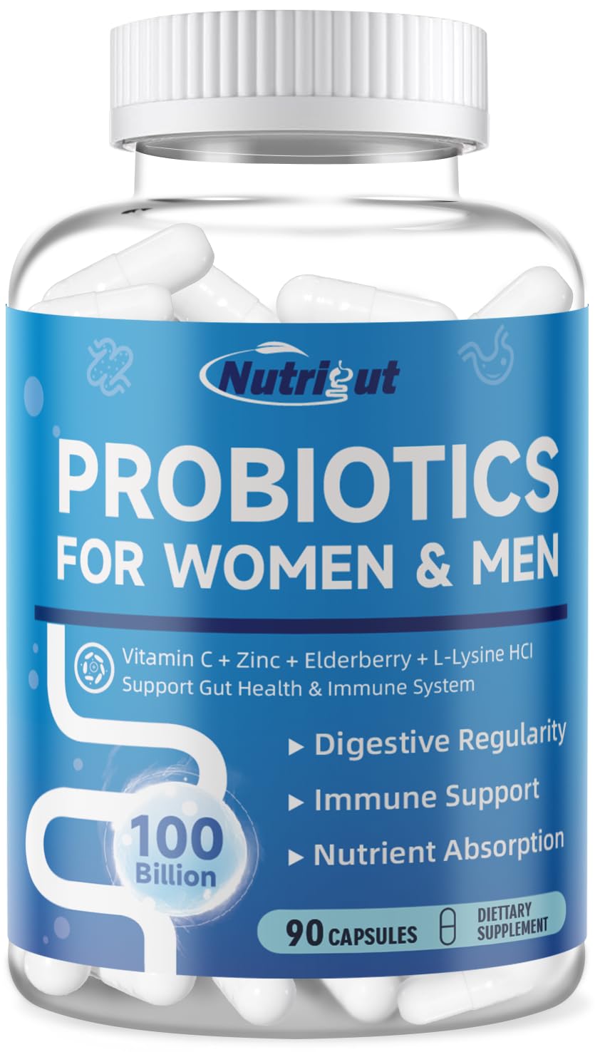 NutriGut Probiotics bottle front showing 90 veggie caps for daily gut support