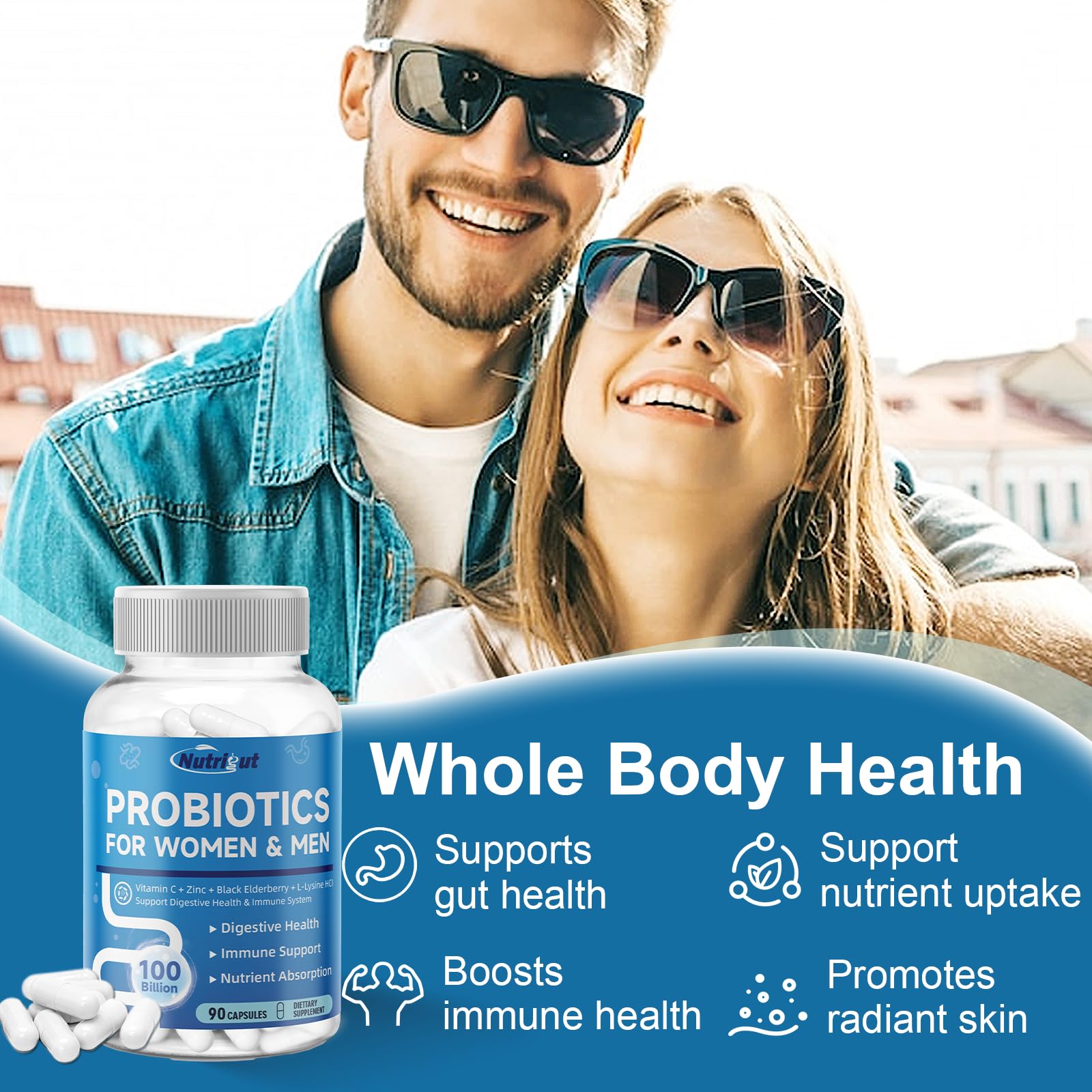 NutriGut Probiotics immune blend banner emphasizes vitamins and minerals