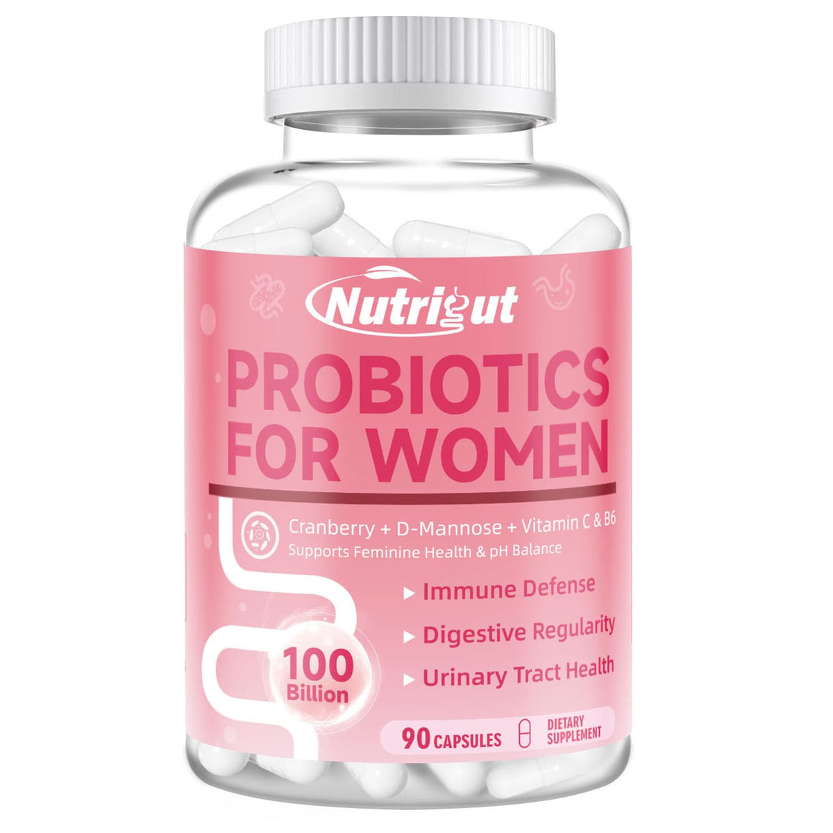 NutriGut Probiotiques Femmes – flacon et gélules, soutien digestif potentiel et équilibre intestinal.