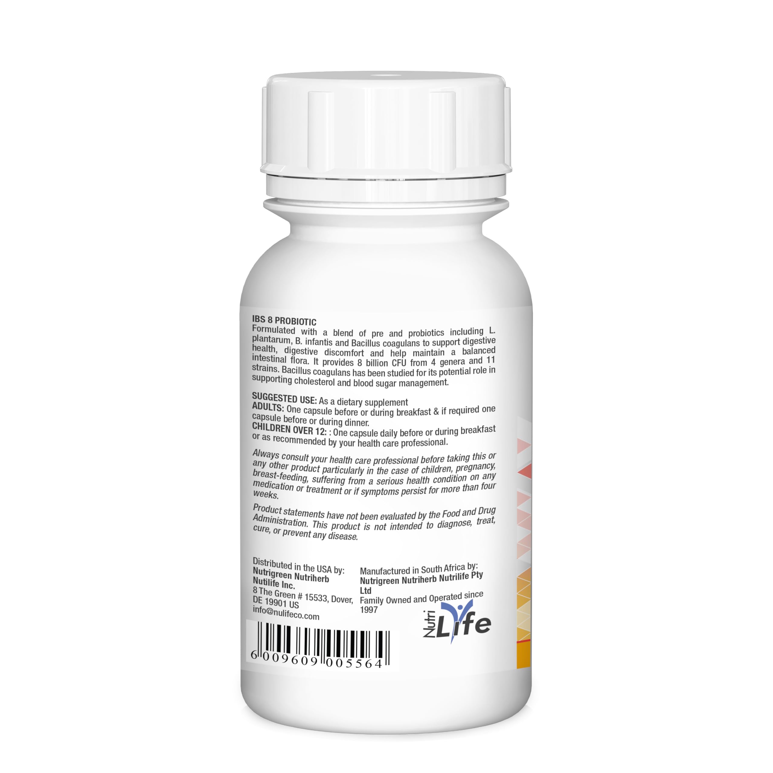 Nutriherb IBS 8 probiotic bottle back label detailing strains for informed use.