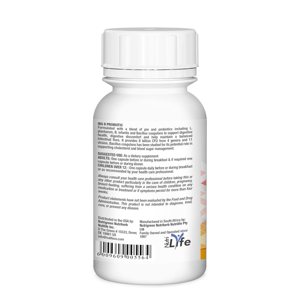 Nutriherb IBS 8 probiotic bottle back label detailing strains for informed use.