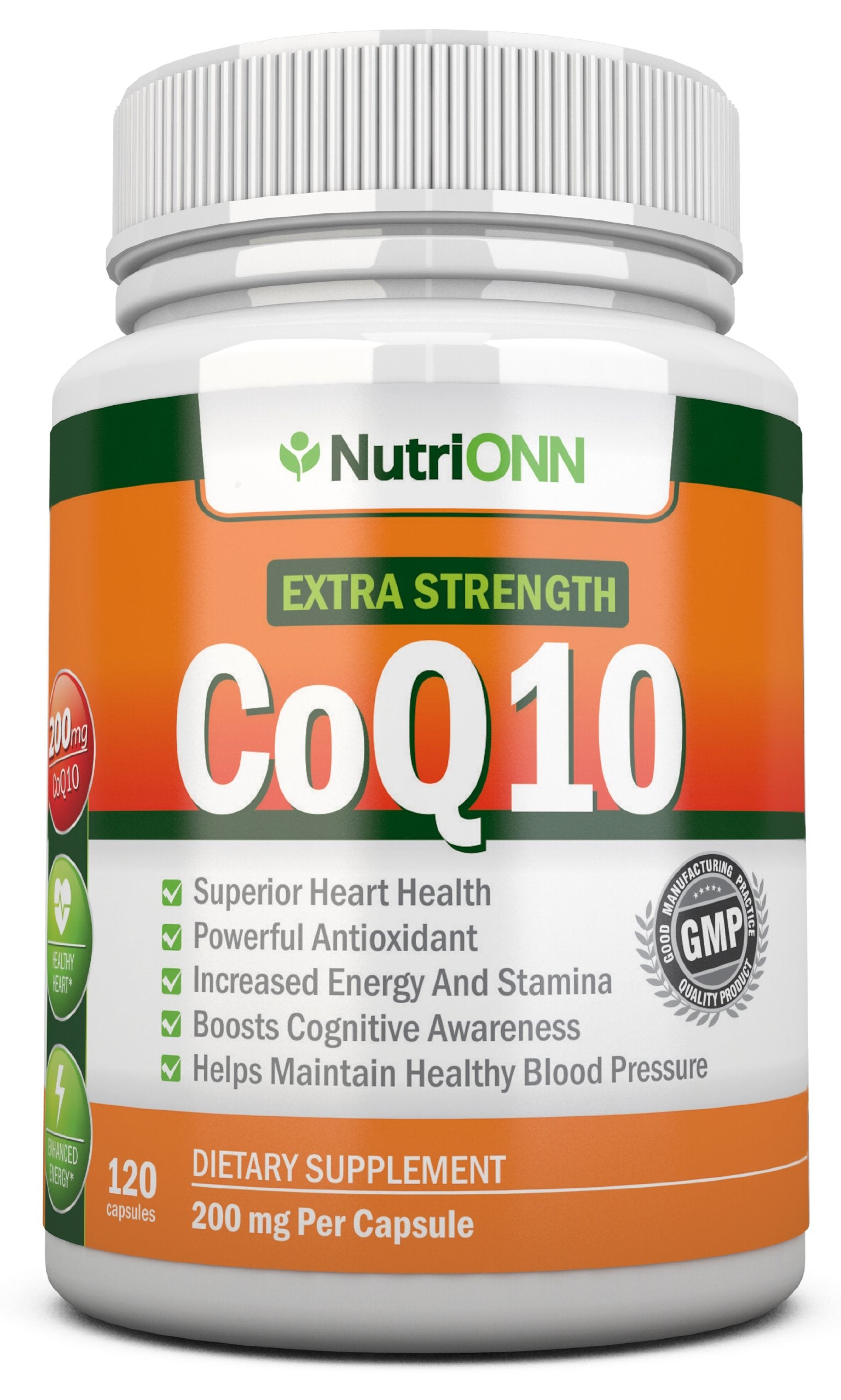 NutriONN CoQ10 bottle front view showing 4‑month supply for daily energy support