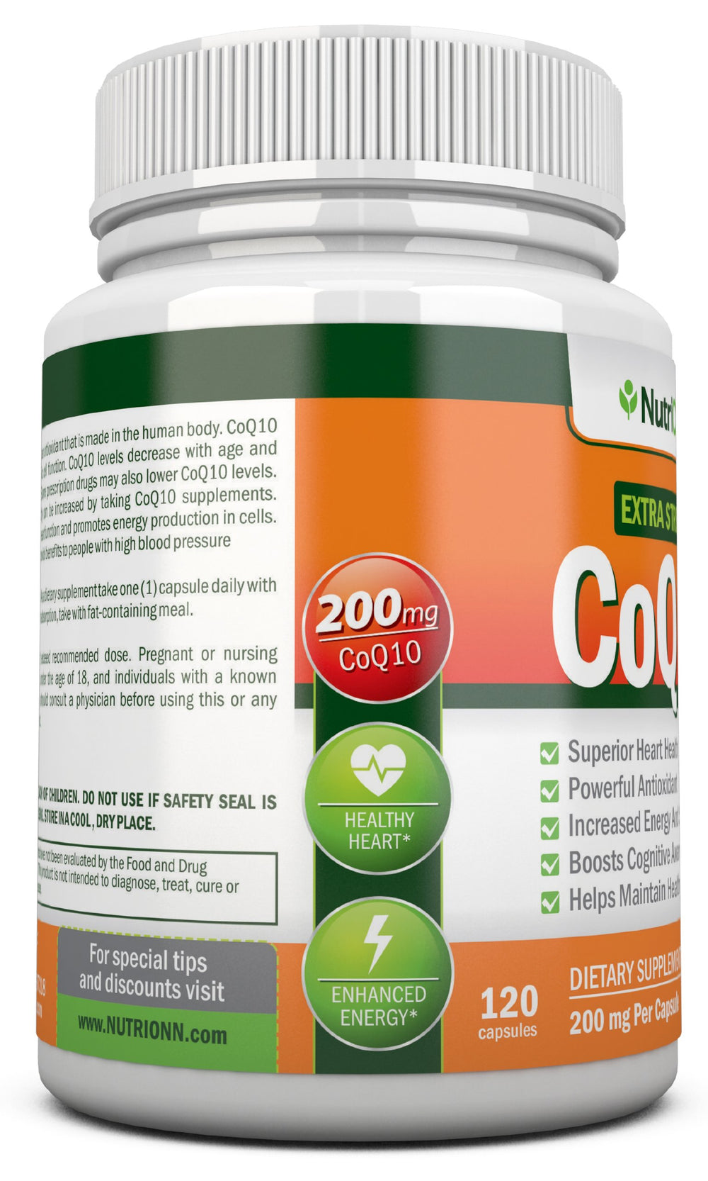 NutriONN CoQ10 bottle nutrition panel with 200 mg per capsule for energy support