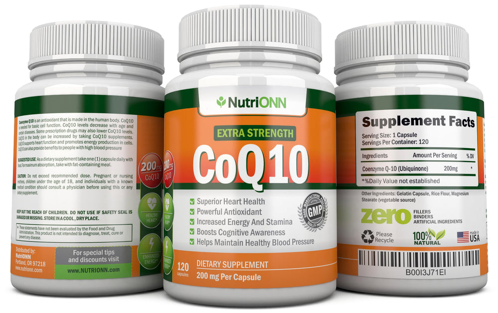NutriONN CoQ10 packaging box emphasizing USA‑made GMP quality and promise