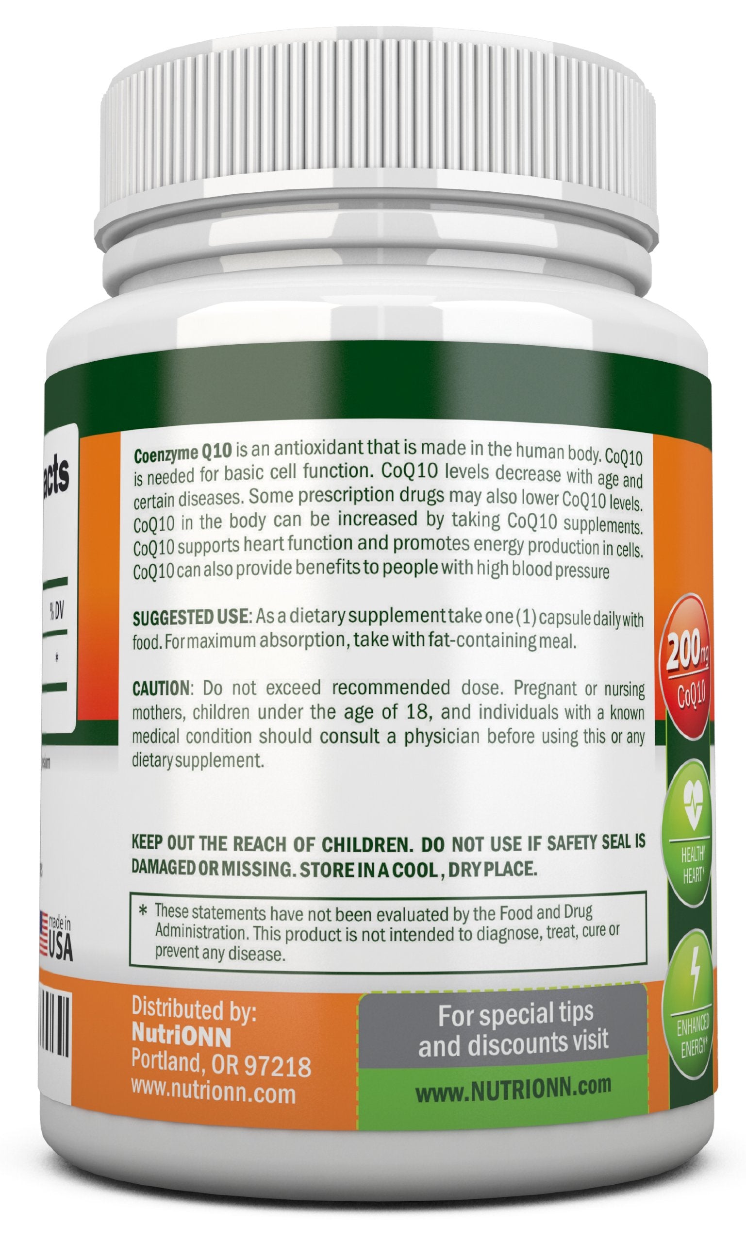 NutriONN CoQ10 label view highlighting high absorption ubiquinone formula