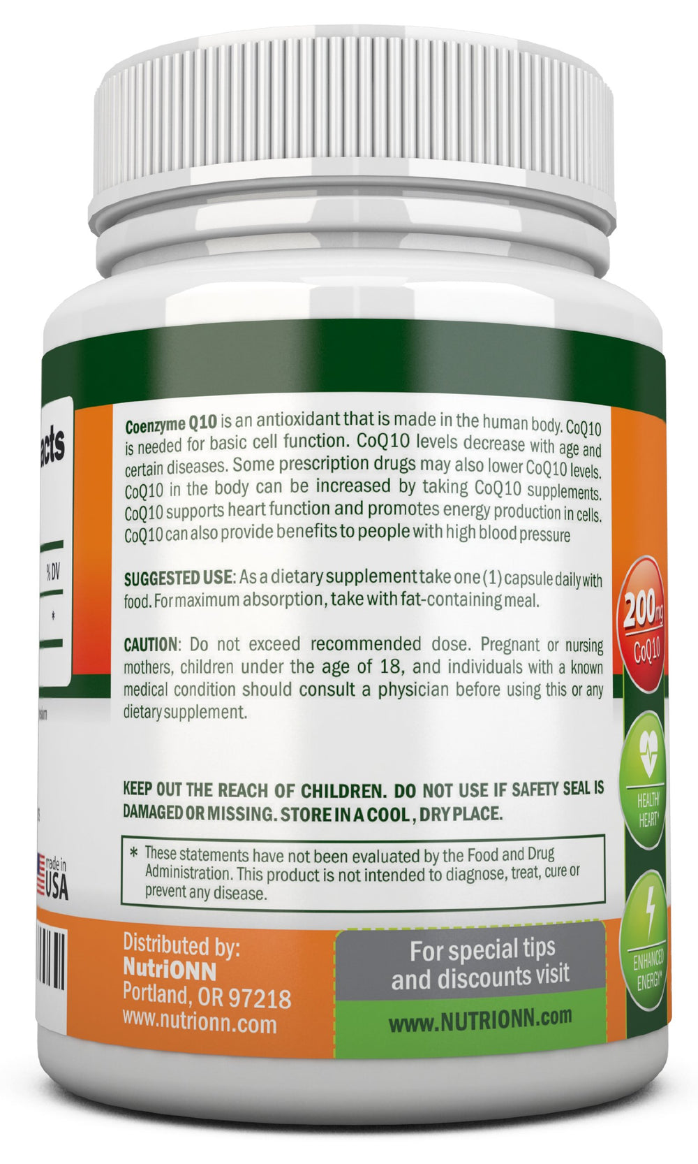 NutriONN CoQ10 label view highlighting high absorption ubiquinone formula