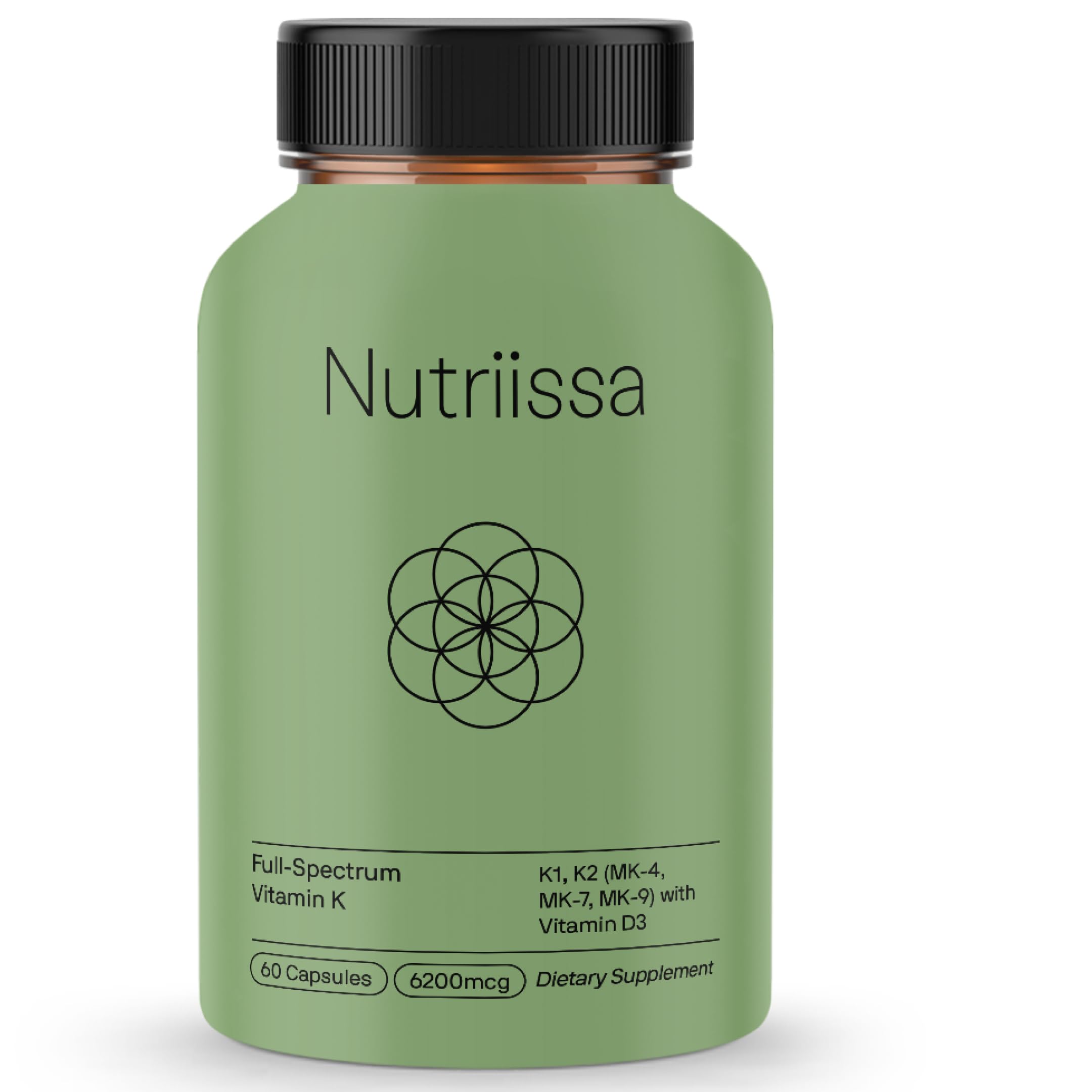 Nutriissa full-spectrum Vitamin K 6200 bottle closeup emphasizing purity and potency.